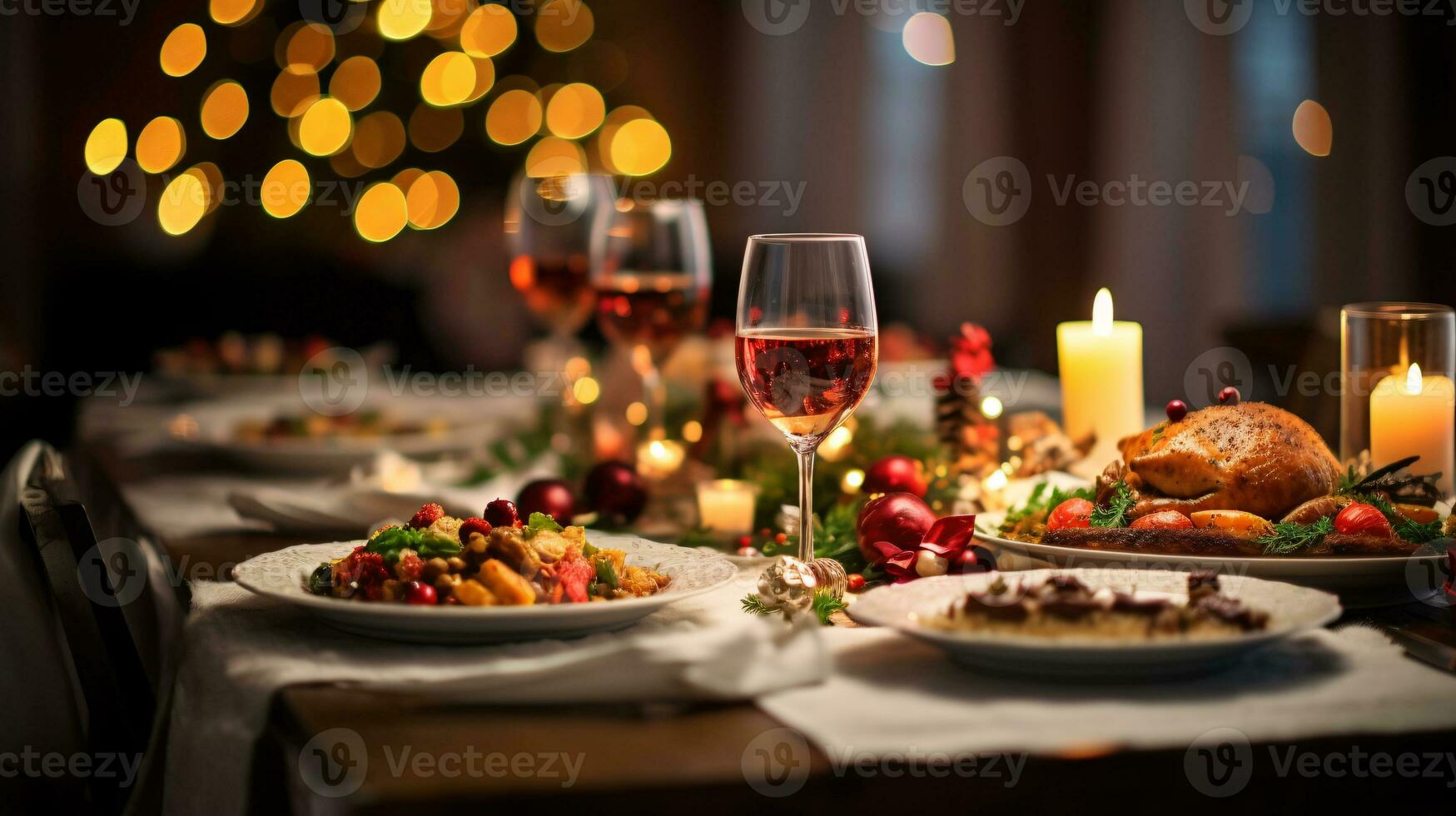 ai generativ Weihnachten Abendessen Tischplatte, schön dekoriert mit cremig Bokeh Weihnachten Beleuchtung im das Hintergrund foto