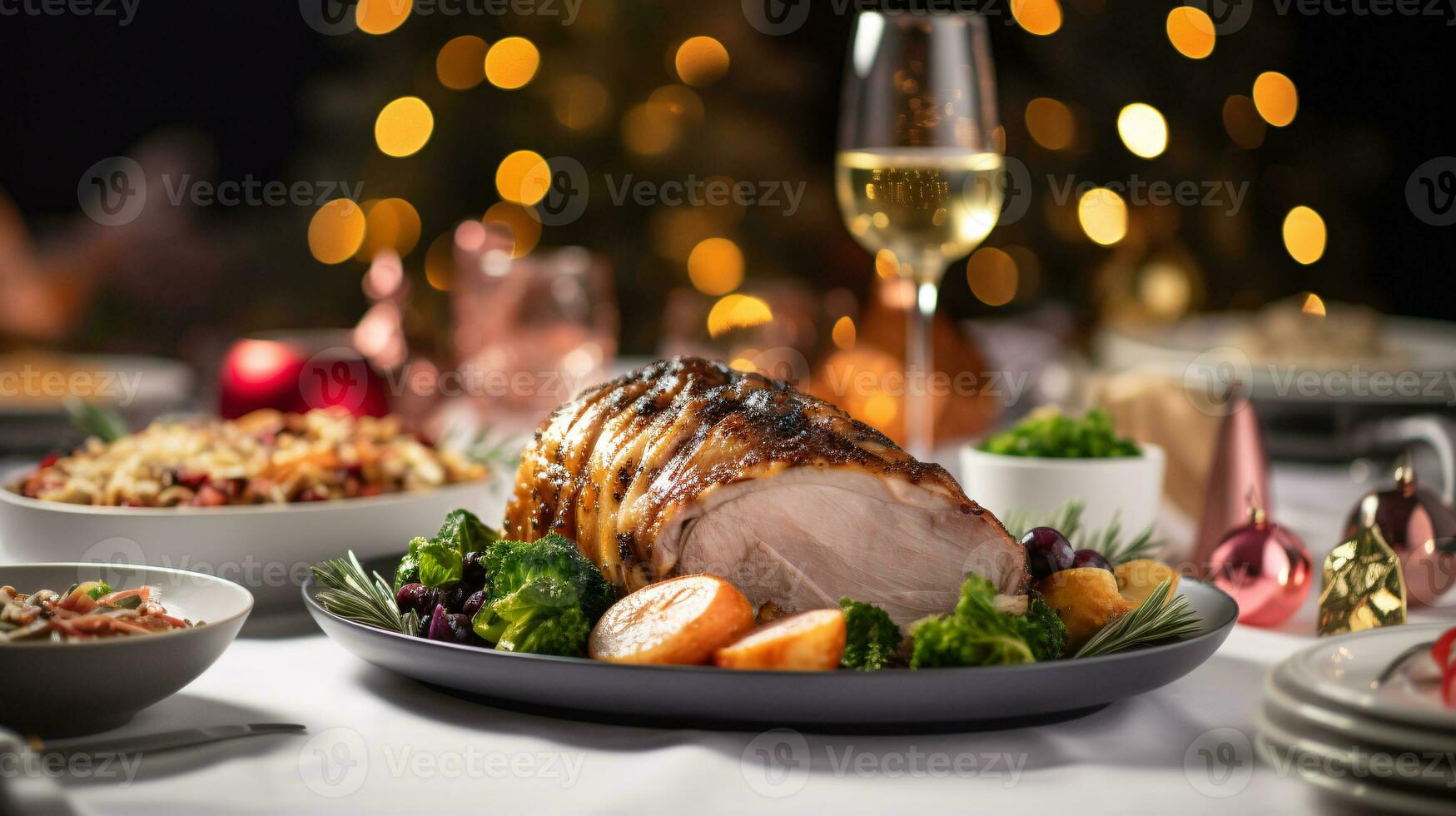 ai generativ Weihnachten Abendessen Tischplatte, schön dekoriert mit cremig Bokeh Weihnachten Beleuchtung im das Hintergrund foto