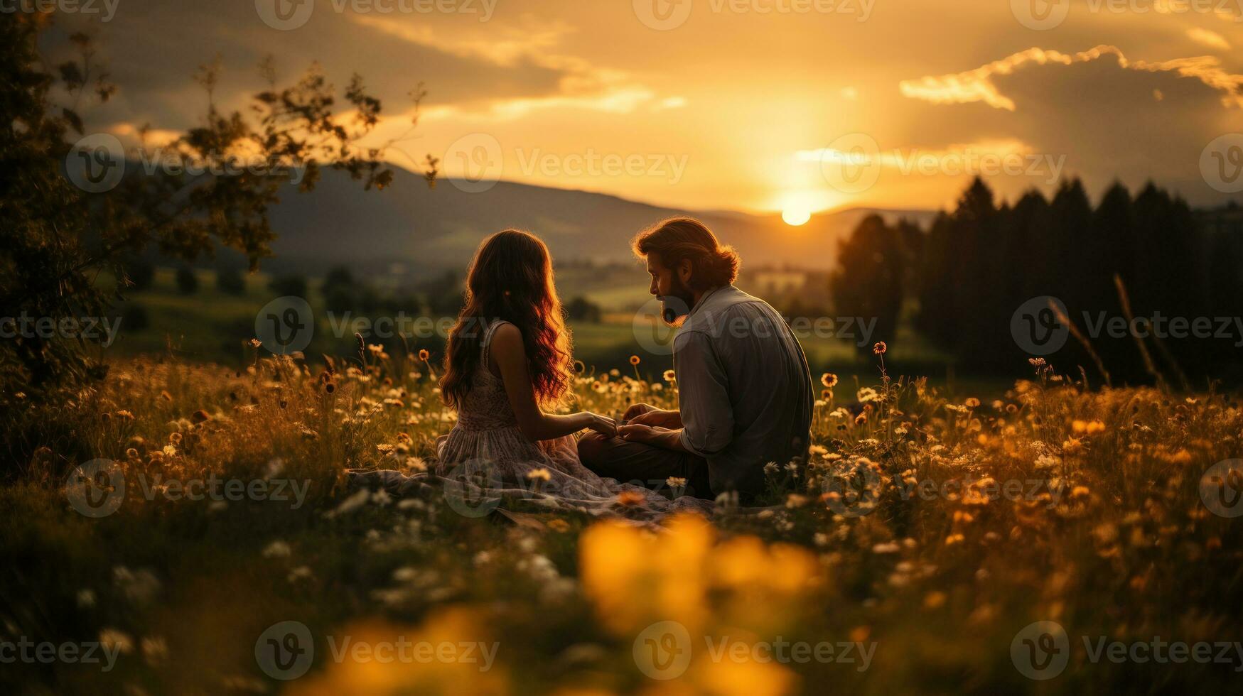 Paar Sitzung auf das Gras romantisch Picknick im das Wiese beim Sonnenuntergang. foto