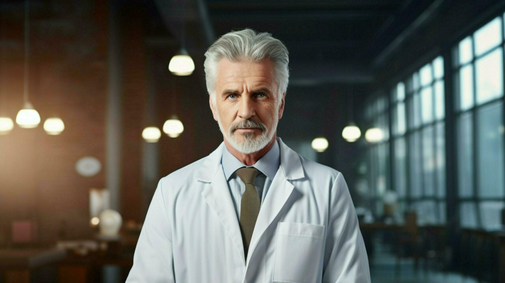 ein zuversichtlich reifen Arzt im ein Weiß Mantel foto