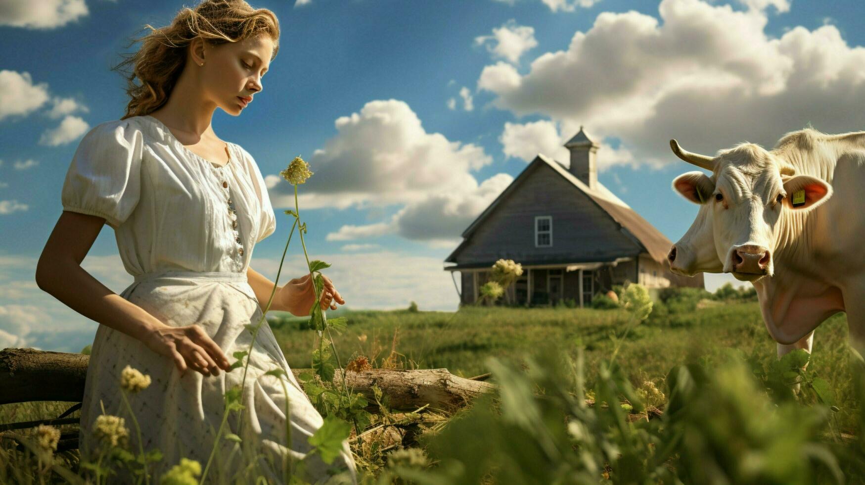 ein jung Frau genießt das Schönheit von Natur auf ein Bauernhof foto