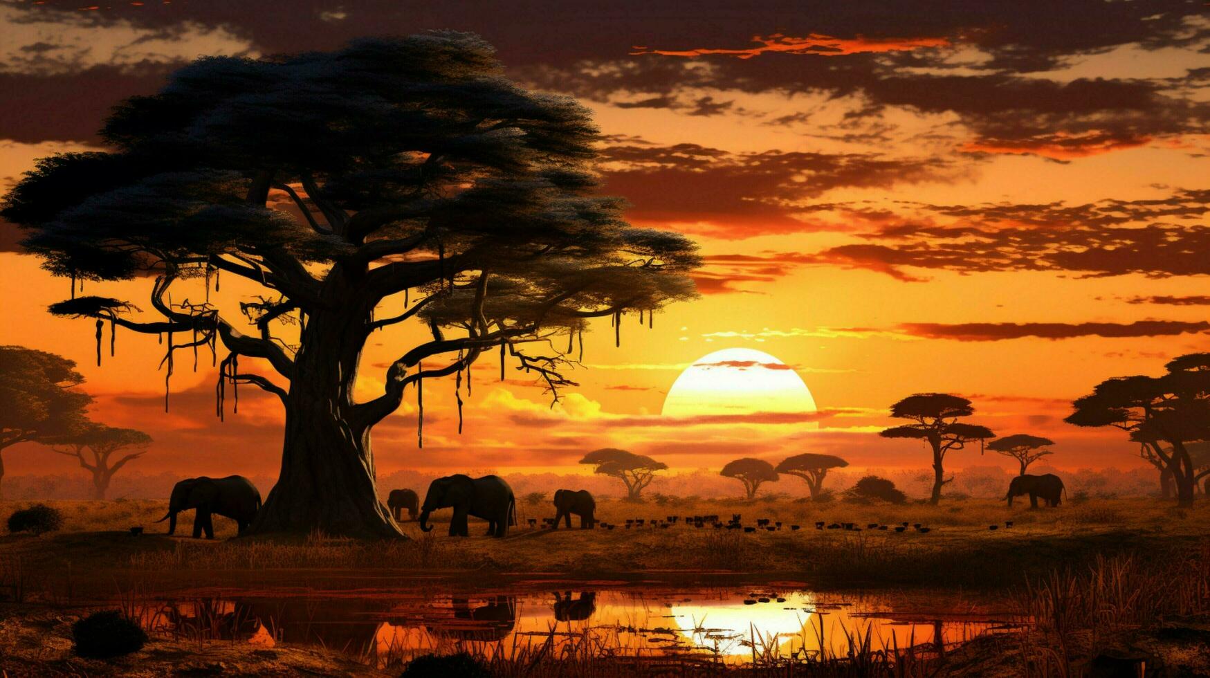 Afrika Savanne beim Sonnenuntergang Tiere grasen uralt Bäume foto