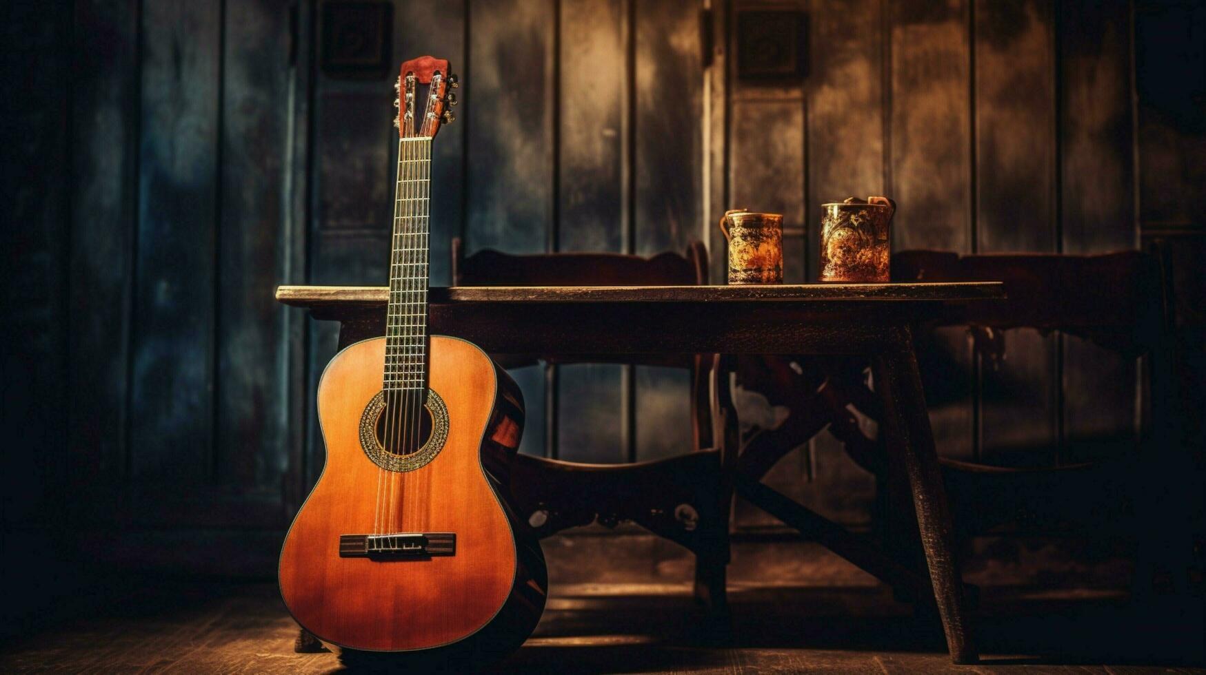 Antiquität akustisch Gitarre auf hölzern Tabelle spielen klassisch foto