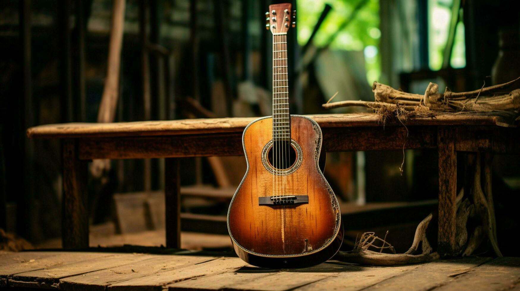 Antiquität akustisch Gitarre auf hölzern Tabelle spielen klassisch foto