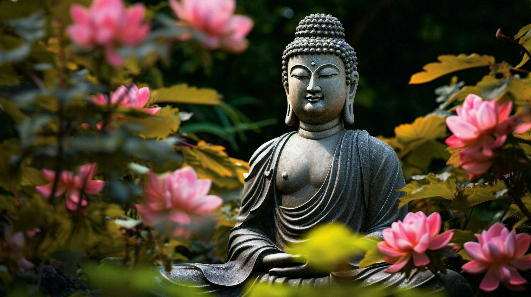 Buddhismus Statue im Blumen- Garten Szene foto