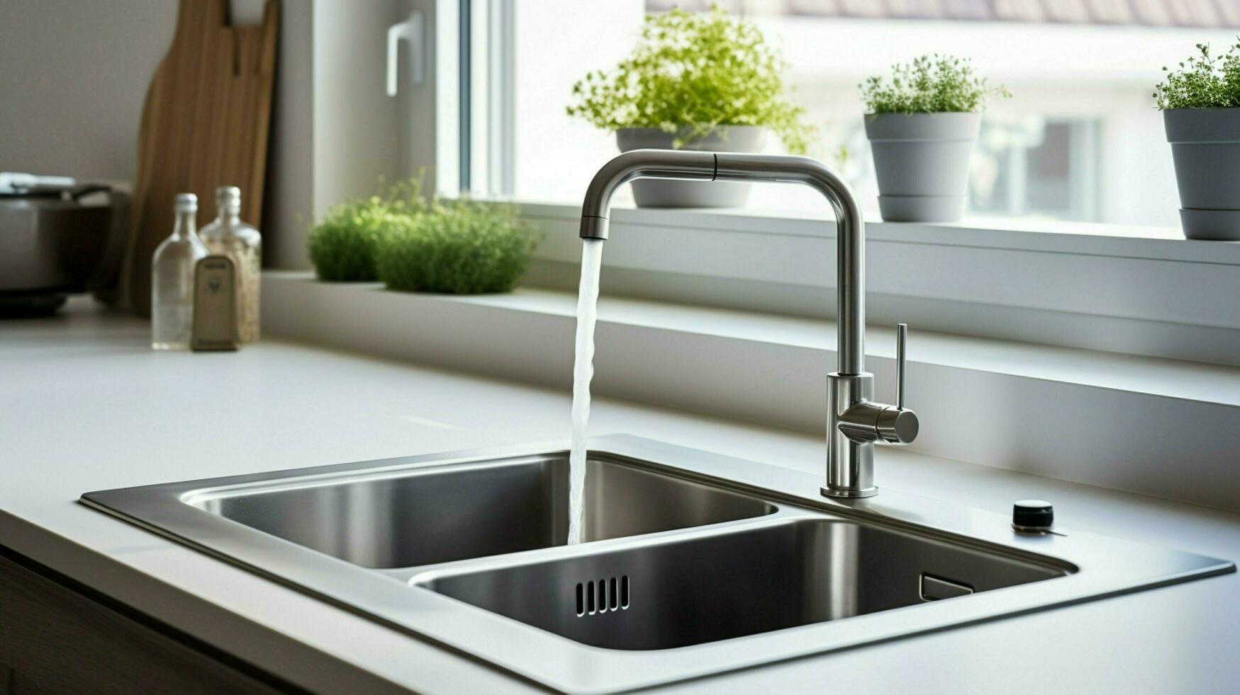 sauber modern Küche sinken mit Wasserhahn und Flüssigkeit Container foto