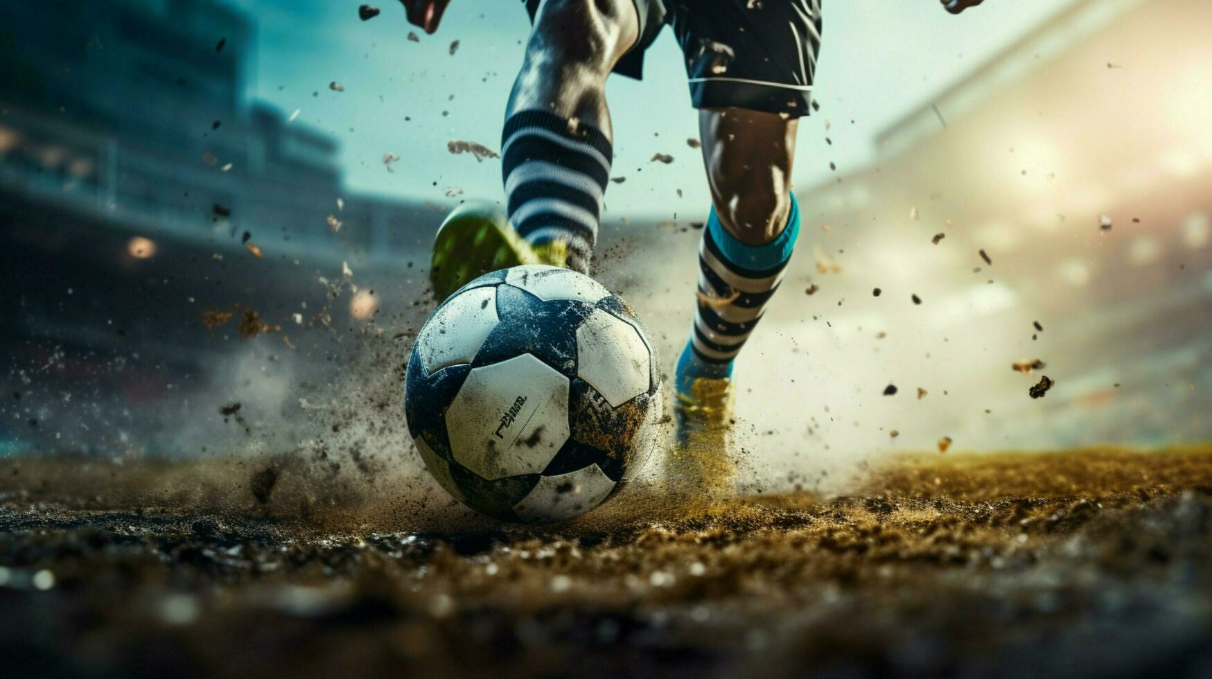 schließen oben von entschlossen Fußball Spieler treten Ball foto