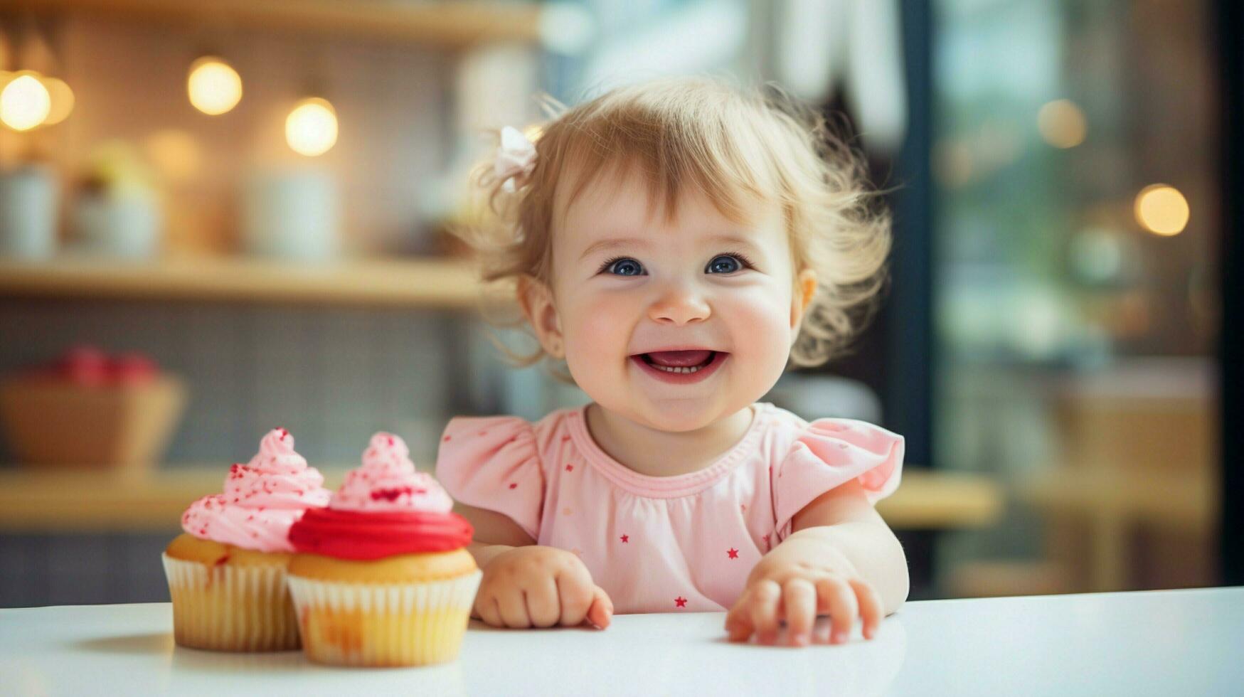 süß Baby Mädchen lächelnd während Essen Süss Cupcake drinnen foto