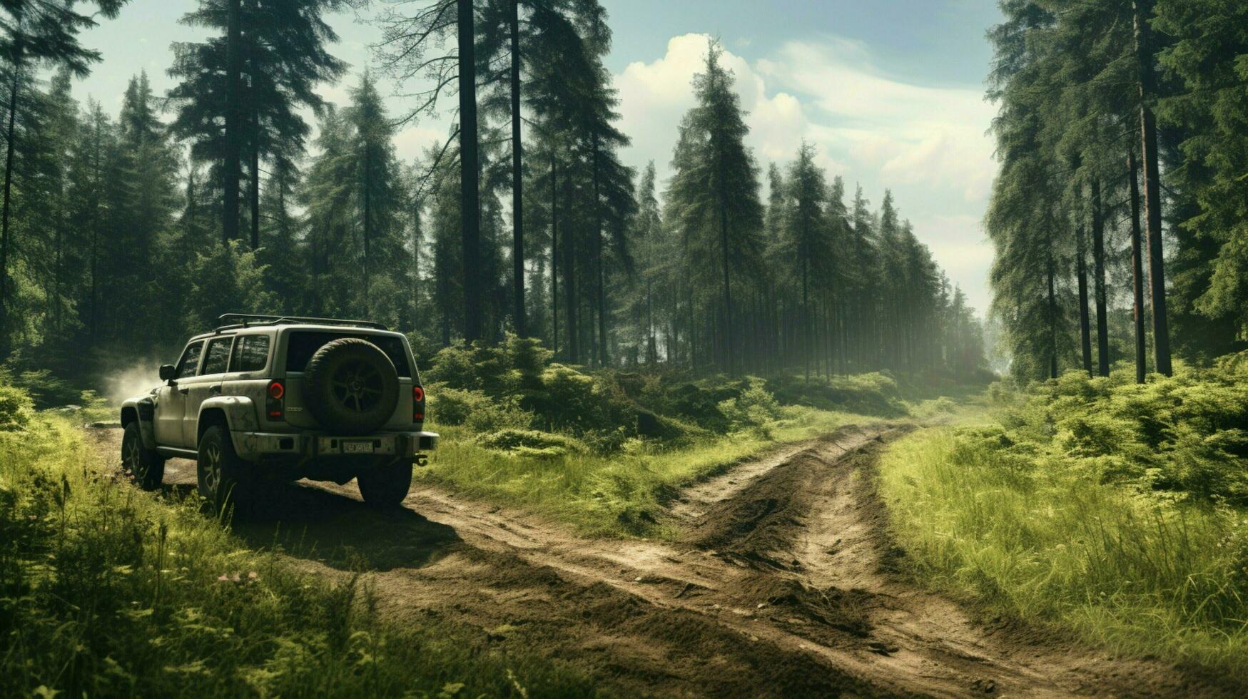 Fahren aus Straße Abenteuer durch Wald und Wiese foto