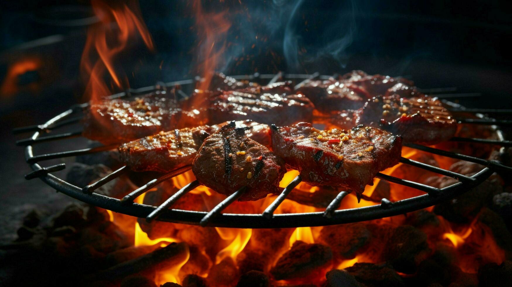 Flamme gegrillt Fleisch brutzelnd auf Metall Gitter foto