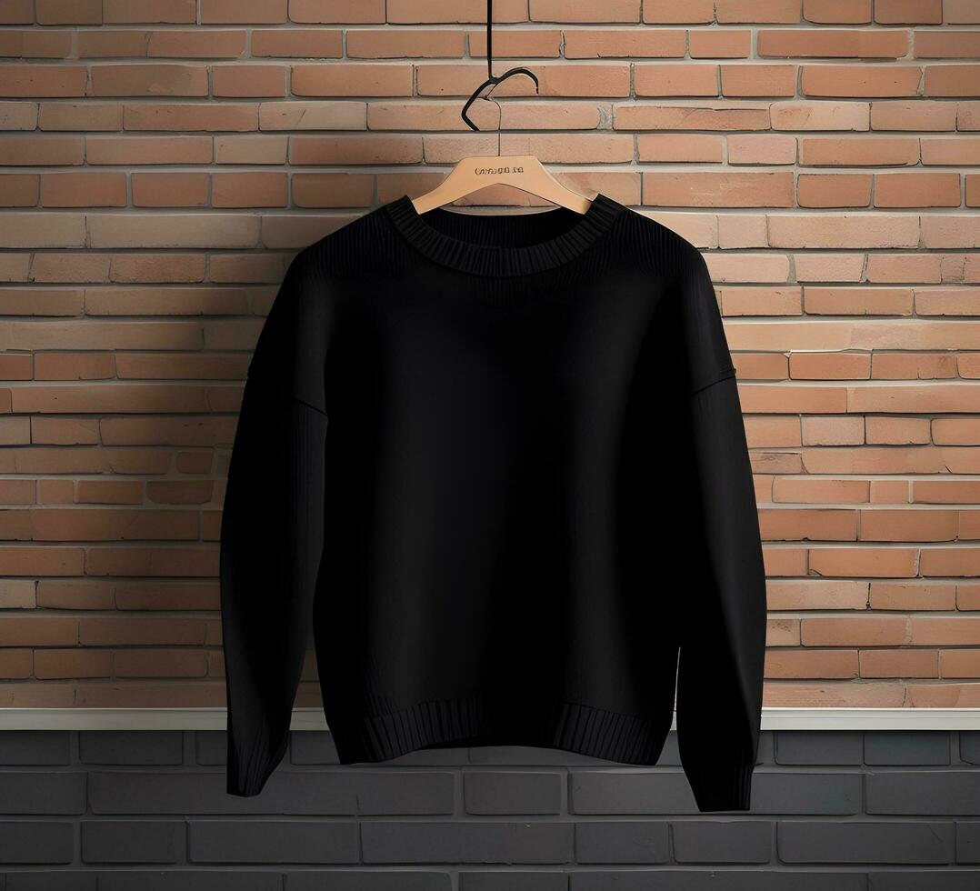 schwarz Sweatshirt Attrappe, Lehrmodell, Simulation mit Backstein Hintergrund ai generieren foto