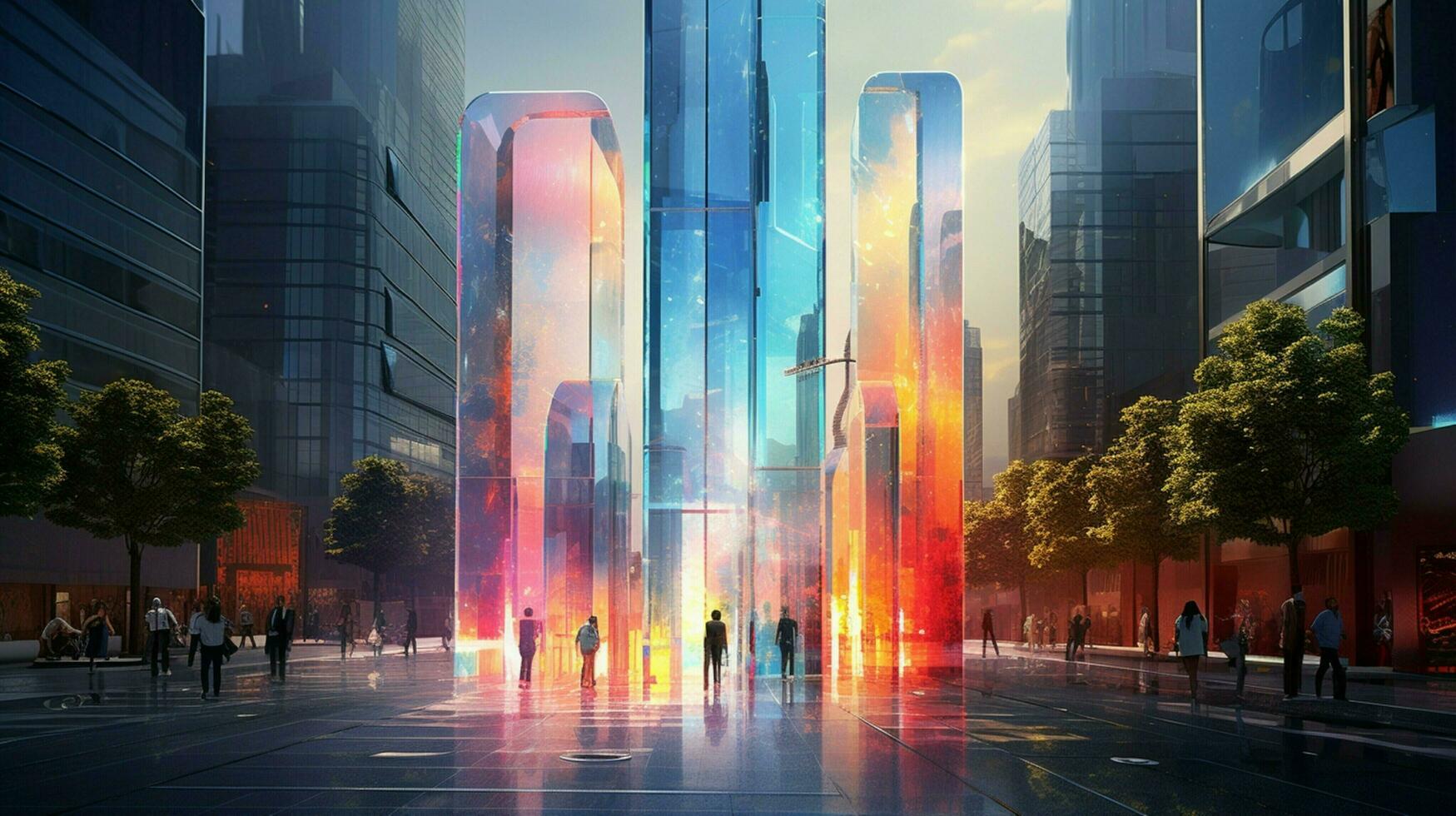 futuristisch Glas Wolkenkratzer spiegelt beschwingt Stadt Leben foto