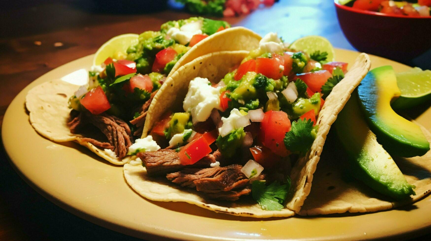 gegrillt Rindfleisch Taco mit frisch Tomate Koriander und Guacamol foto