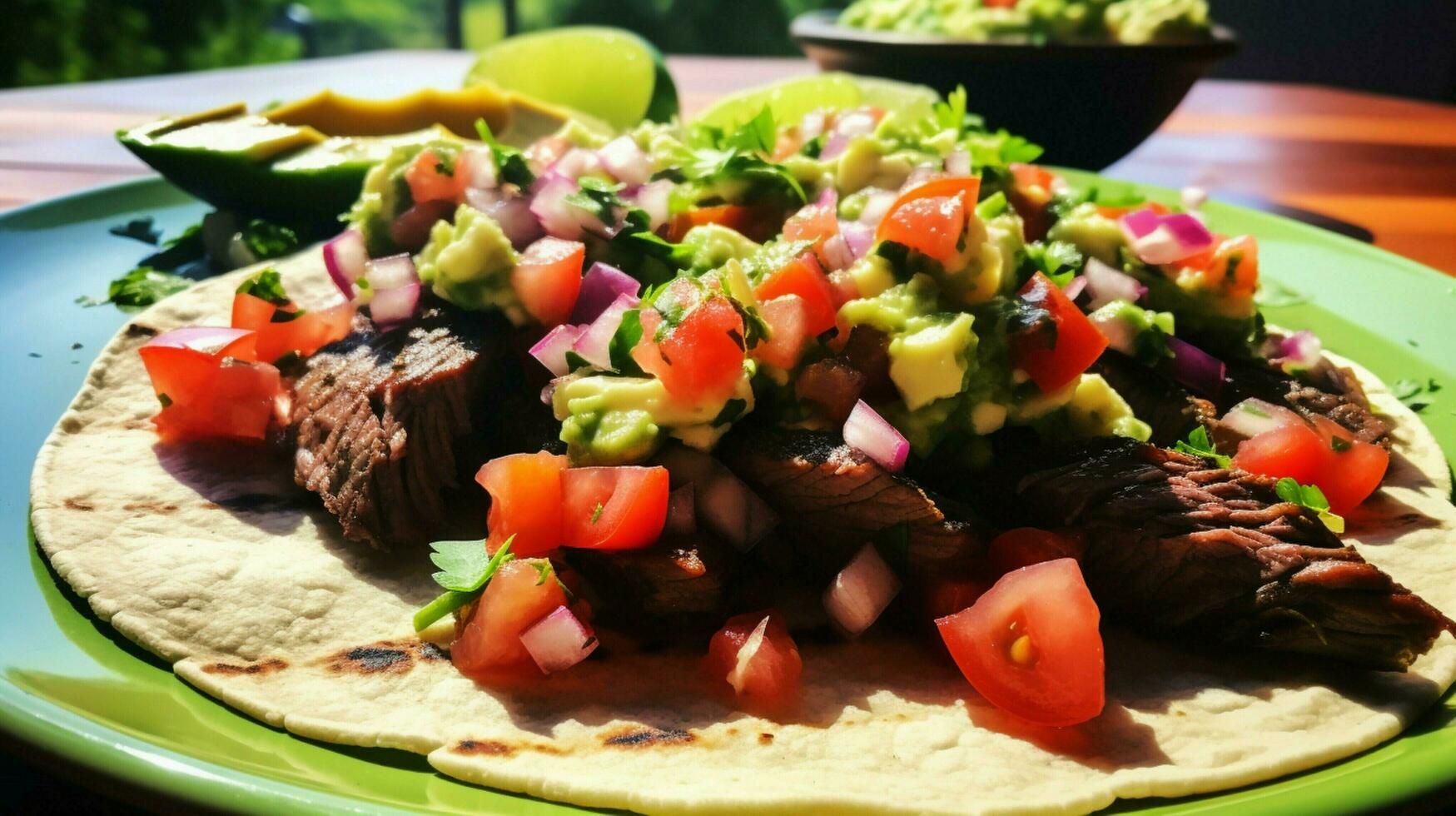 gegrillt Rindfleisch Taco mit frisch Tomate Koriander und hausgemacht foto