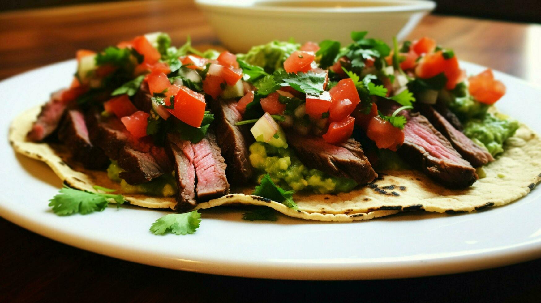 gegrillt Rindfleisch Taco mit Guacamole Koriander und frisch Tomate foto