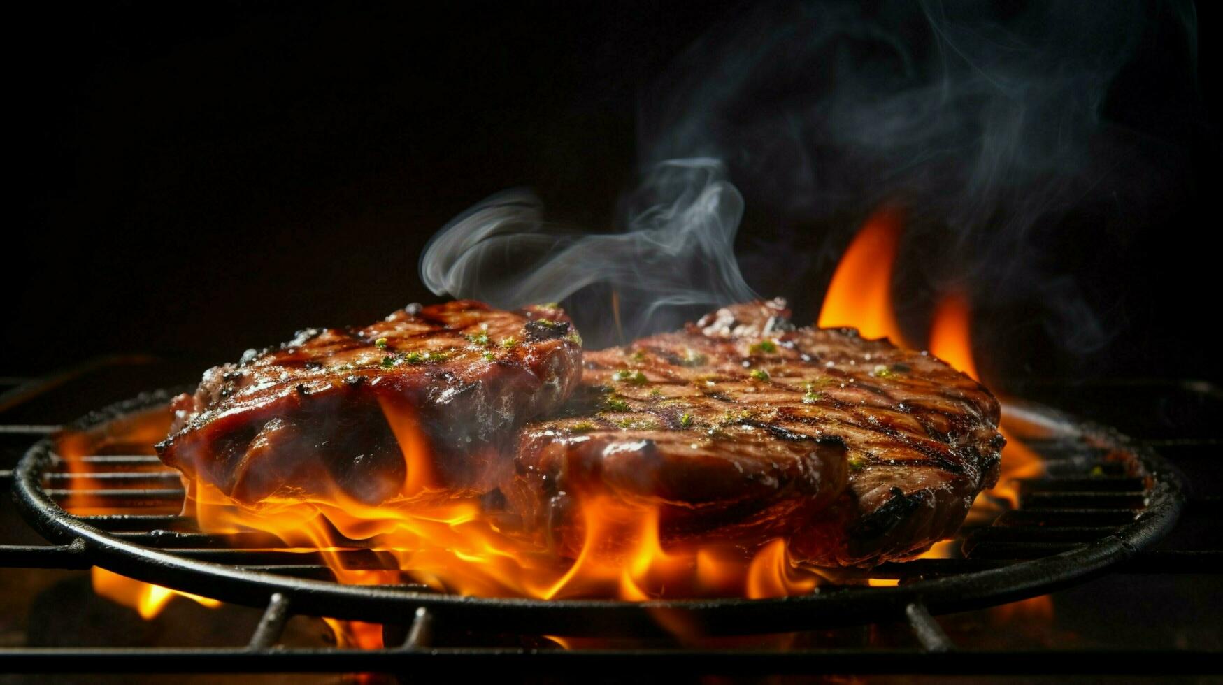 gegrillt Fleisch auf Metall Teller glühend Flamme foto