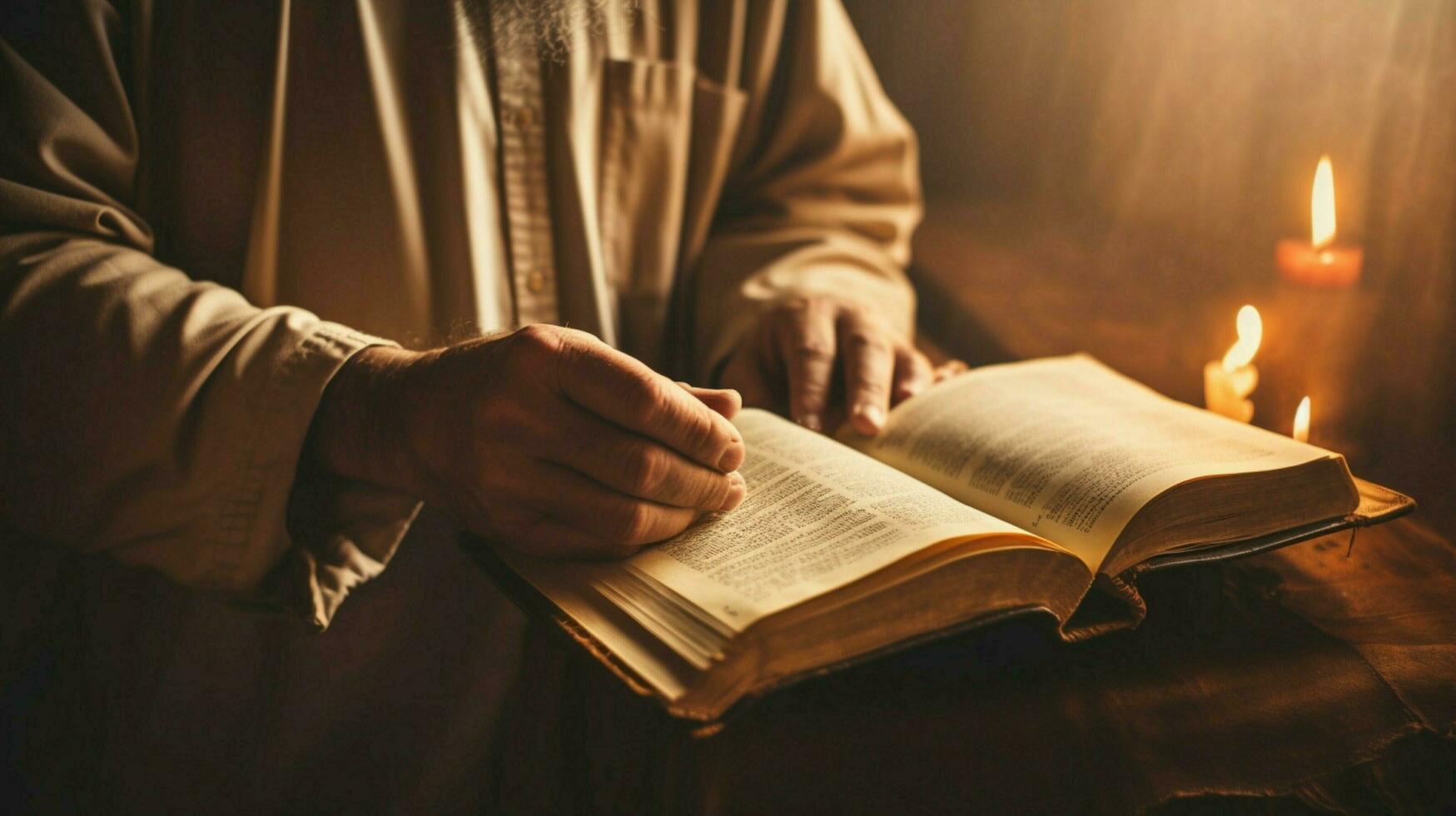 Hand halten Bibel studieren religiös Text drinnen foto