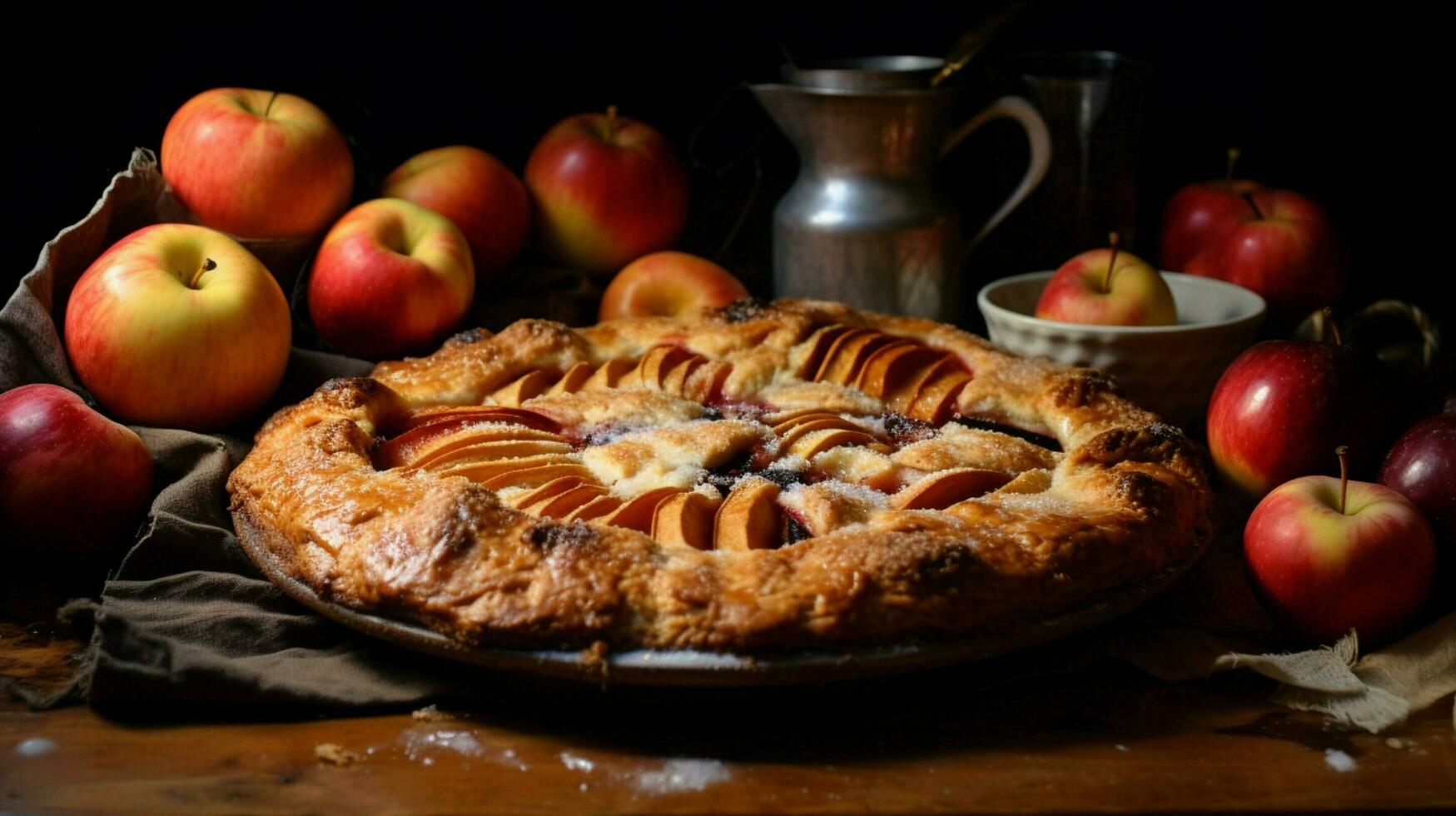 hausgemacht Apfel Kuchen gebacken mit frisch Obst und rustikal Vergangenheit foto