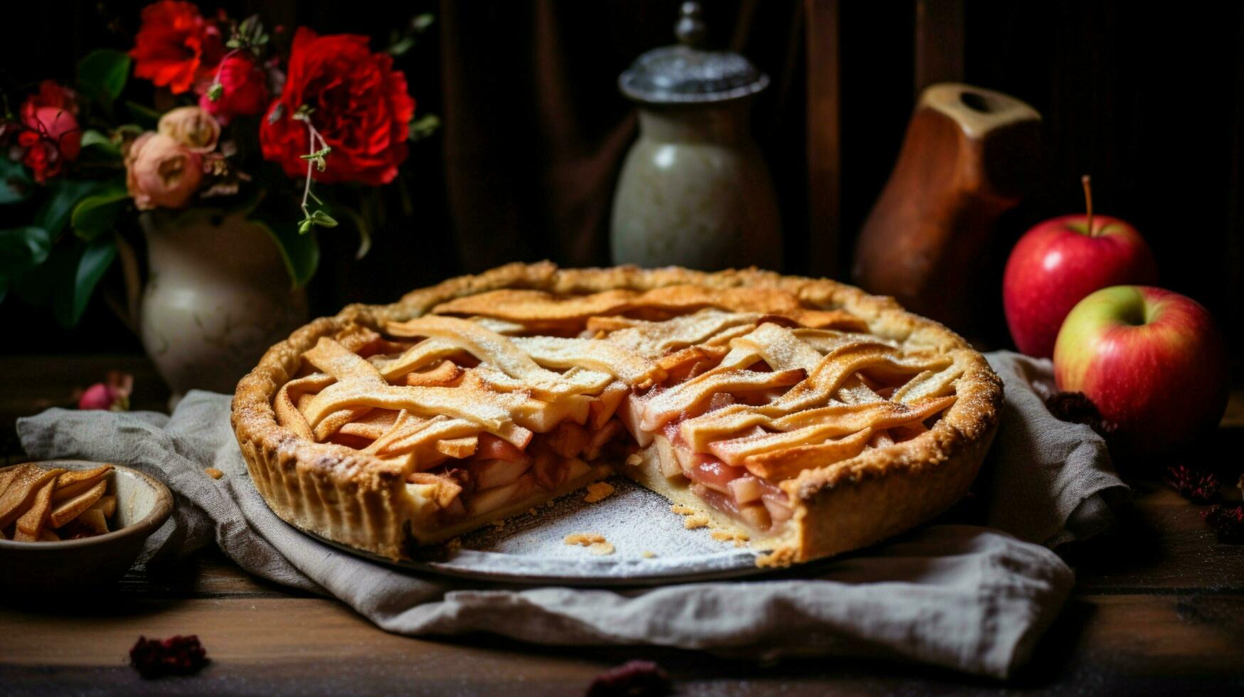 hausgemacht Apfel Kuchen gebacken mit frisch Obst und rustikal Vergangenheit foto