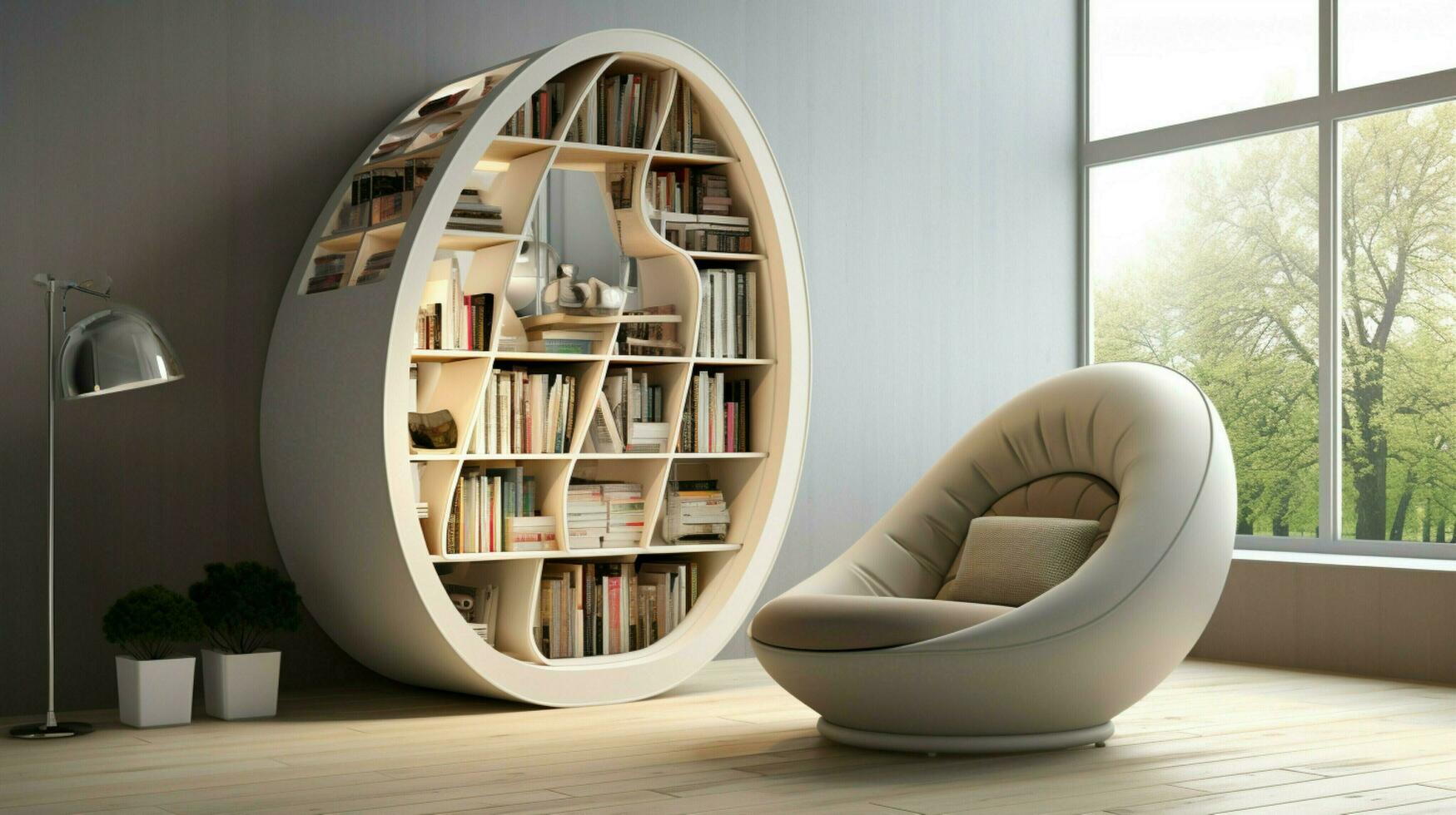 drinnen Bücherregal im modern Design komfortabel Sessel foto