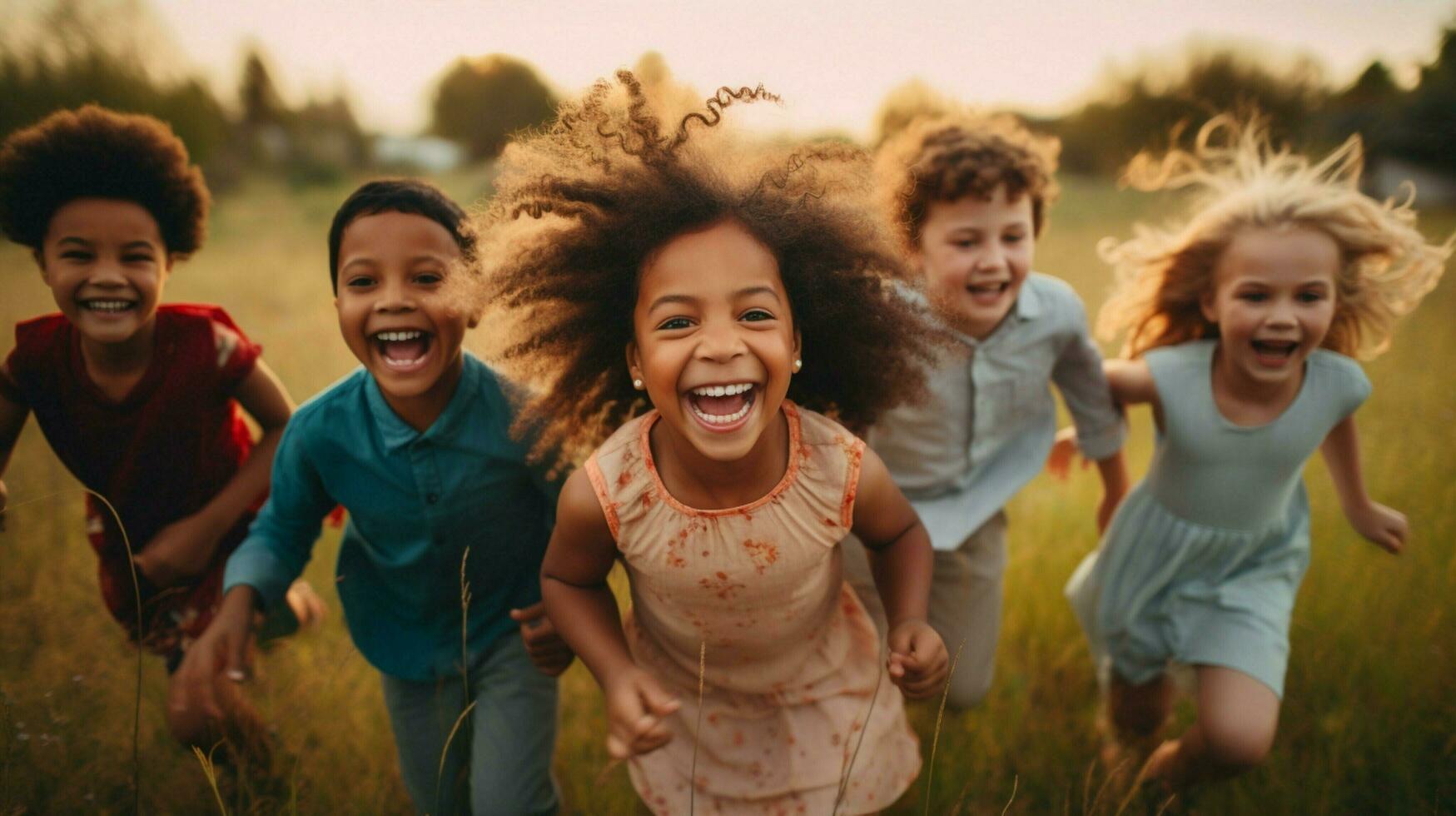 froh Kinder von anders Ethnien spielen zusammen foto