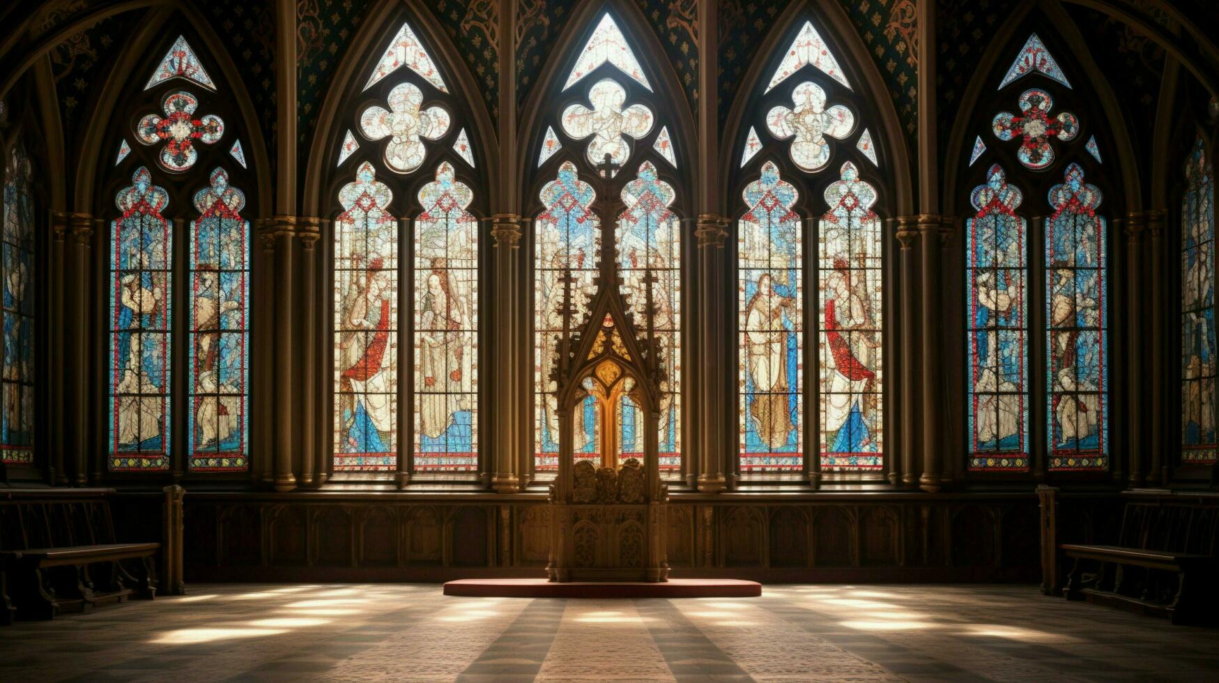 mittelalterlich Kapelle mit gotisch die Architektur befleckt Glas foto