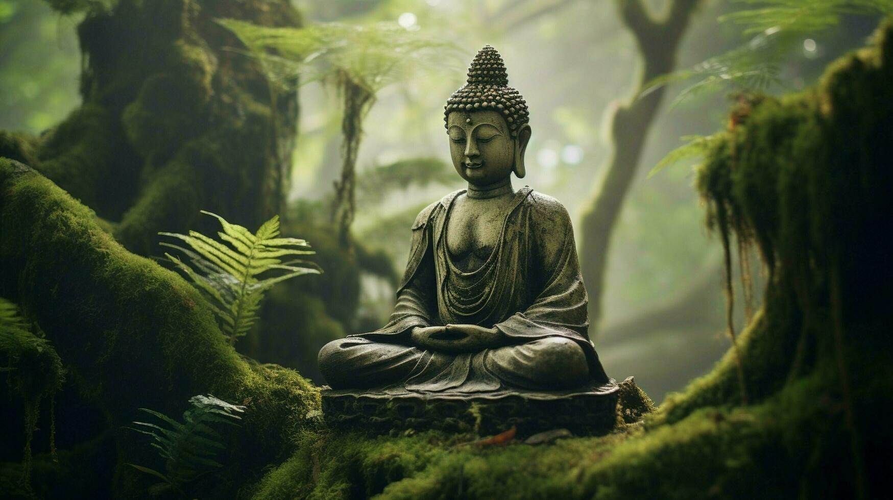 meditieren Buddha Statue im still Wald Rahmen foto