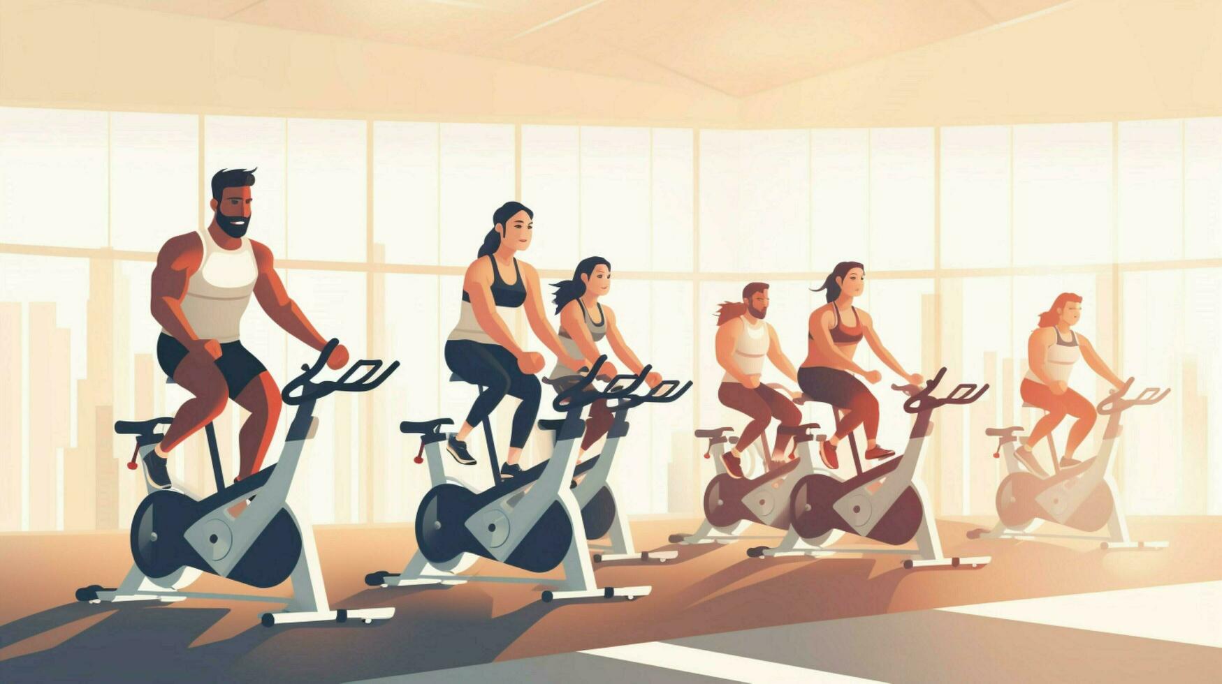 Männer und Frauen im Fitnessstudio Radfahren zusammen glücklich foto