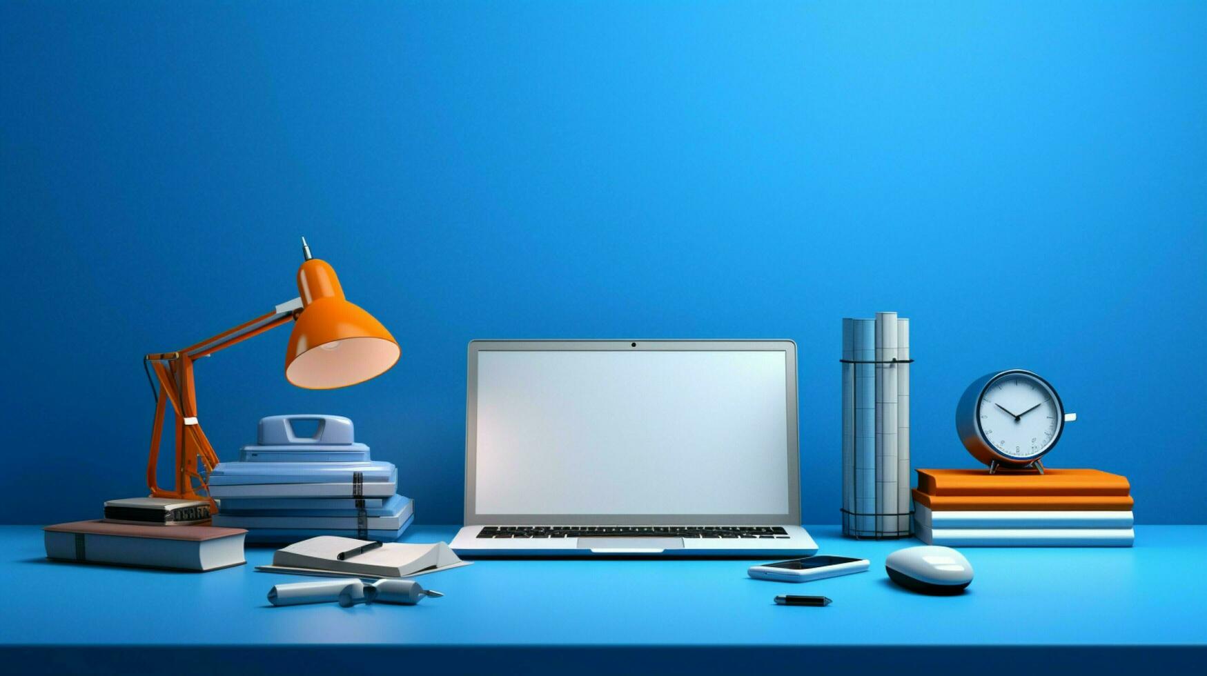 modern Büro Ausrüstung auf ein Blau Schreibtisch foto