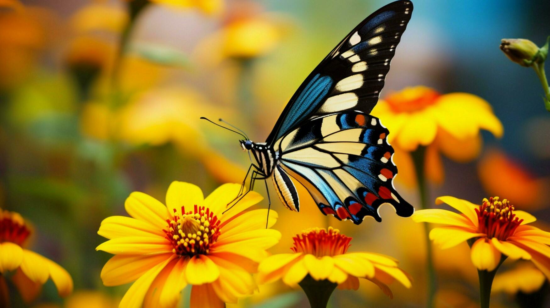 multi farbig Schmetterling auf Gelb Blume schließen oben Schönheit foto