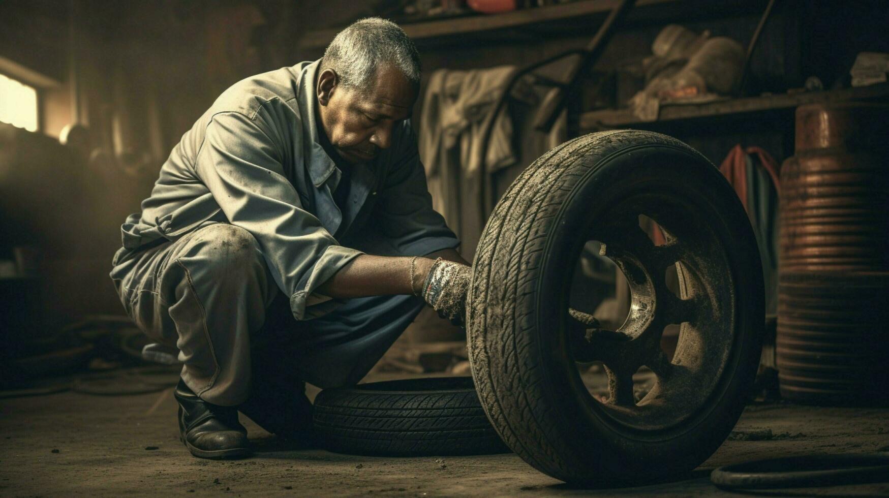 einer Mann reparieren Reifen mit Arbeit Werkzeug foto