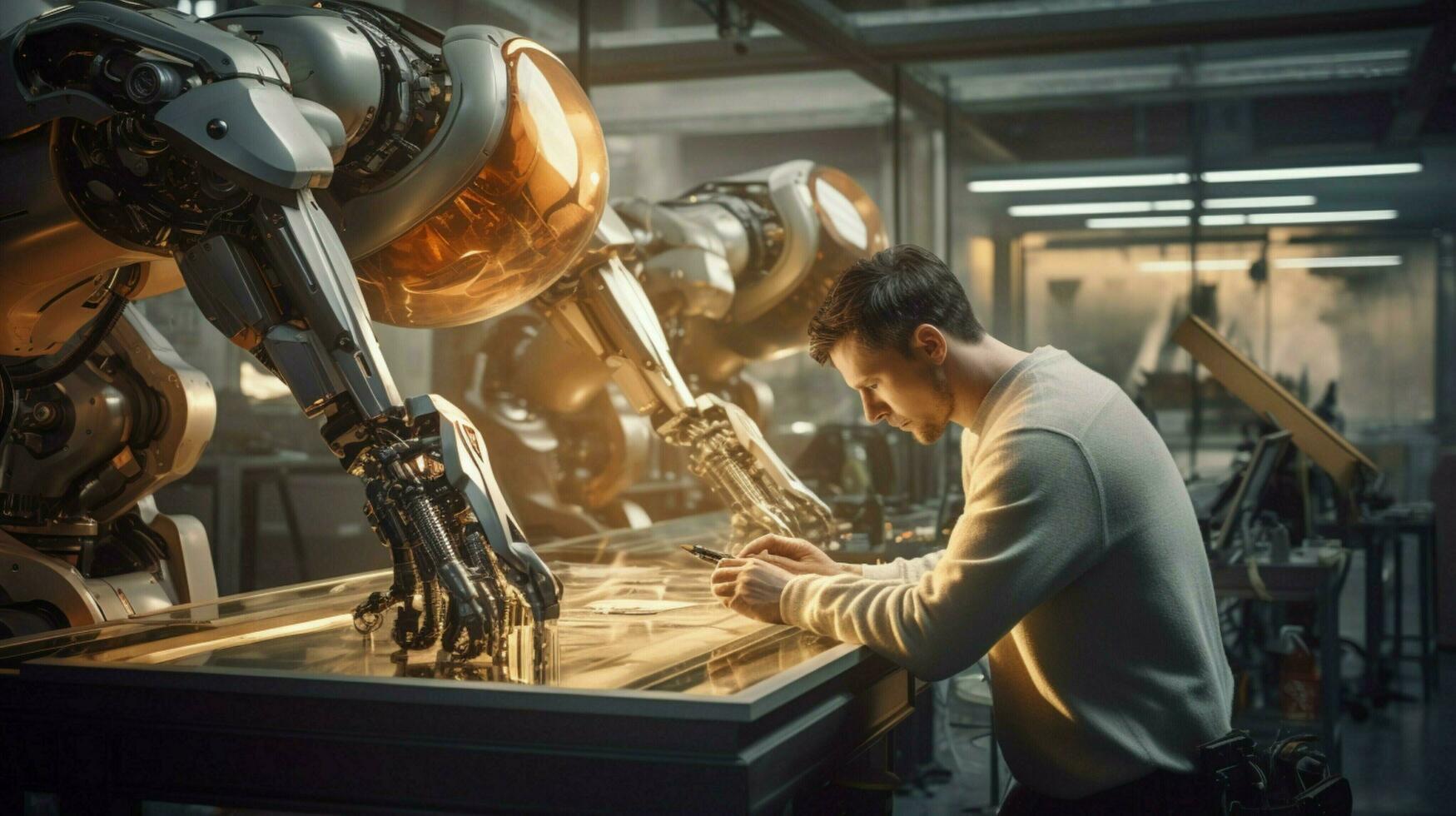 Stehen Cyborg überwacht Roboter Arm Herstellung Fortschritt foto