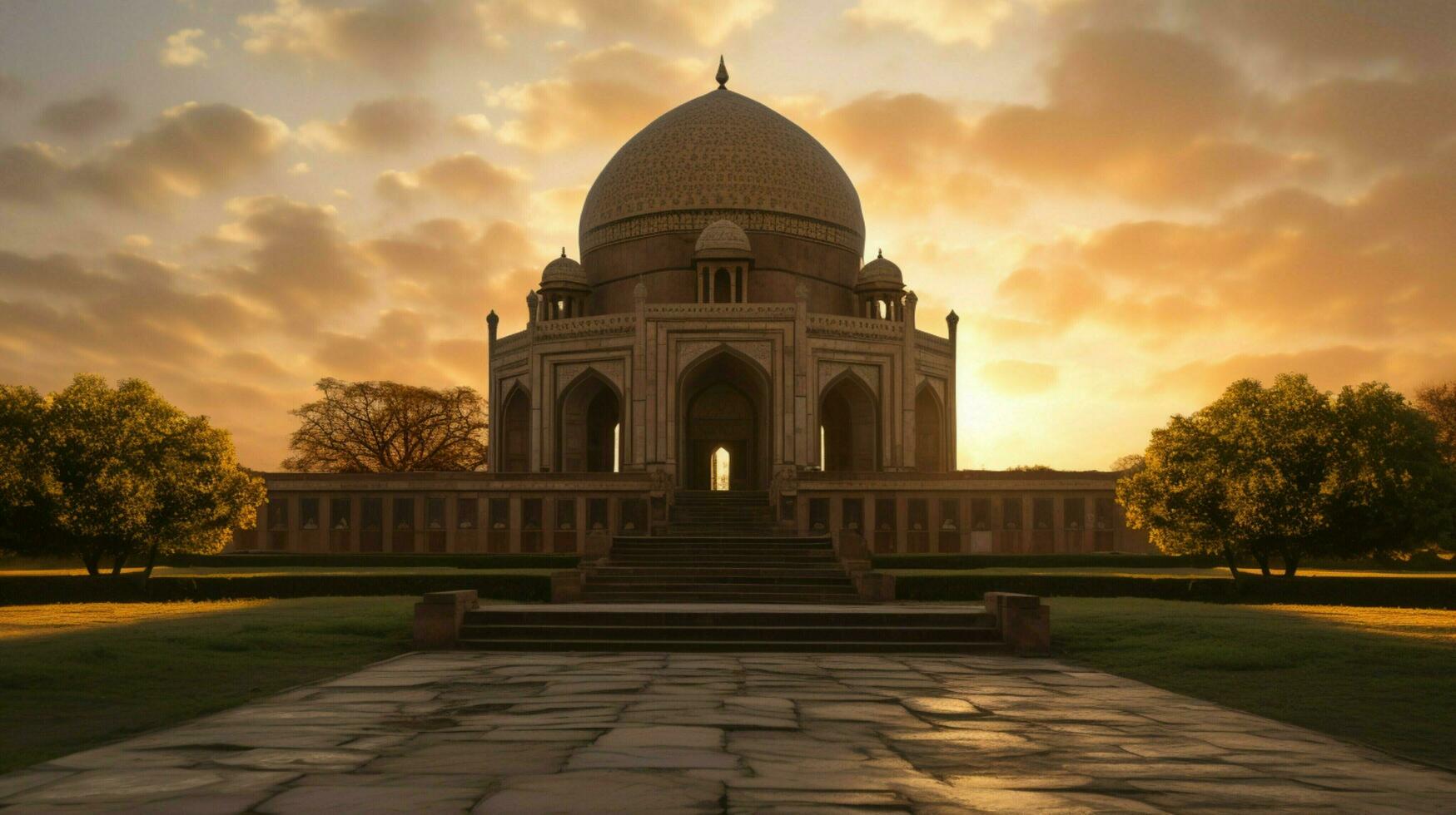 Sonnenuntergang leuchtet berühmt Mausoleum Symbol von Spiritualität foto