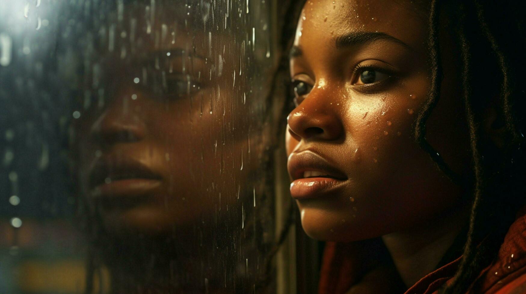 jung afrikanisch Frau suchen aus von ein Regen eingeweicht Fenster foto