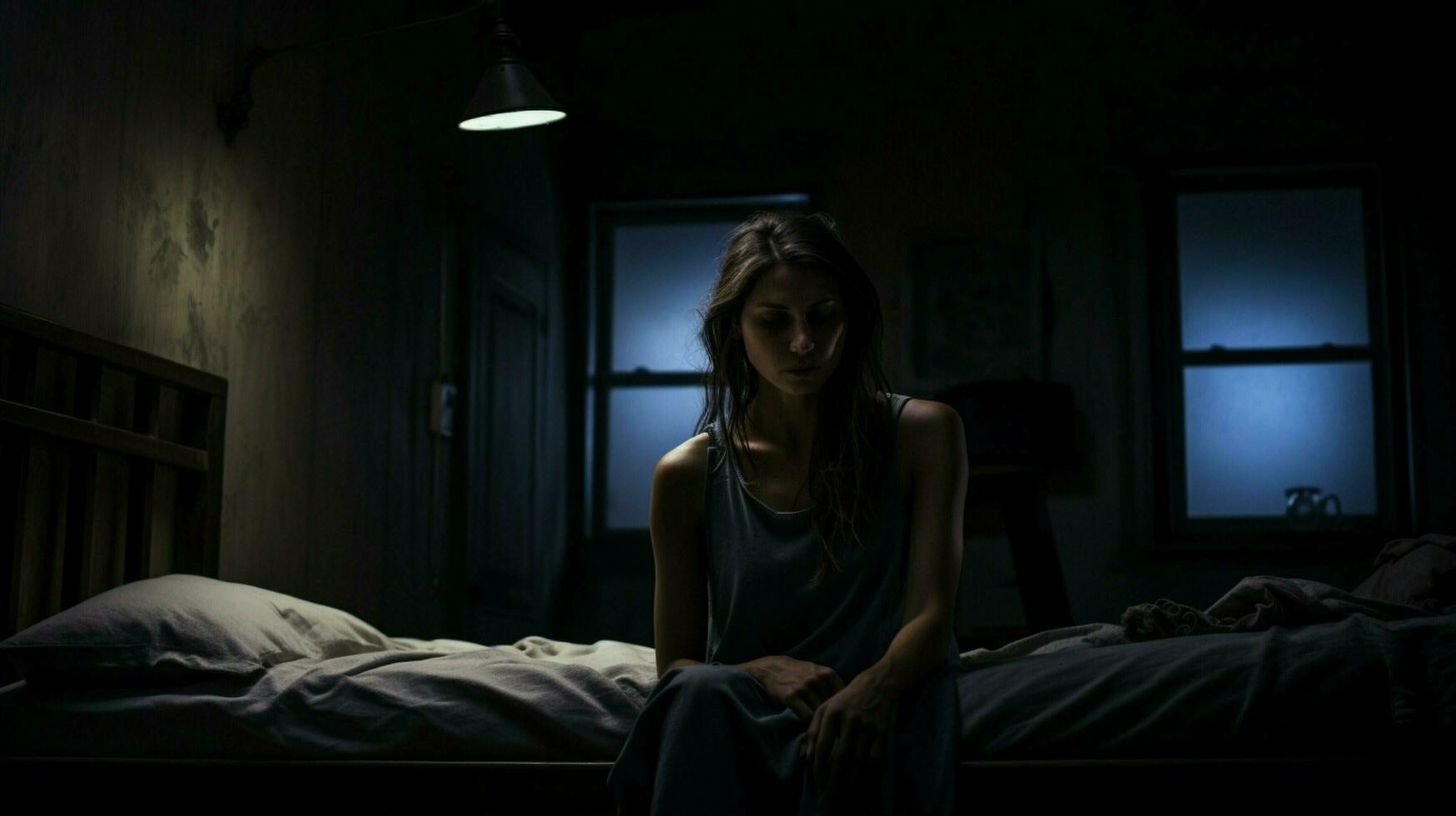 jung Frau ruhen im dunkel einsam Schlafzimmer foto