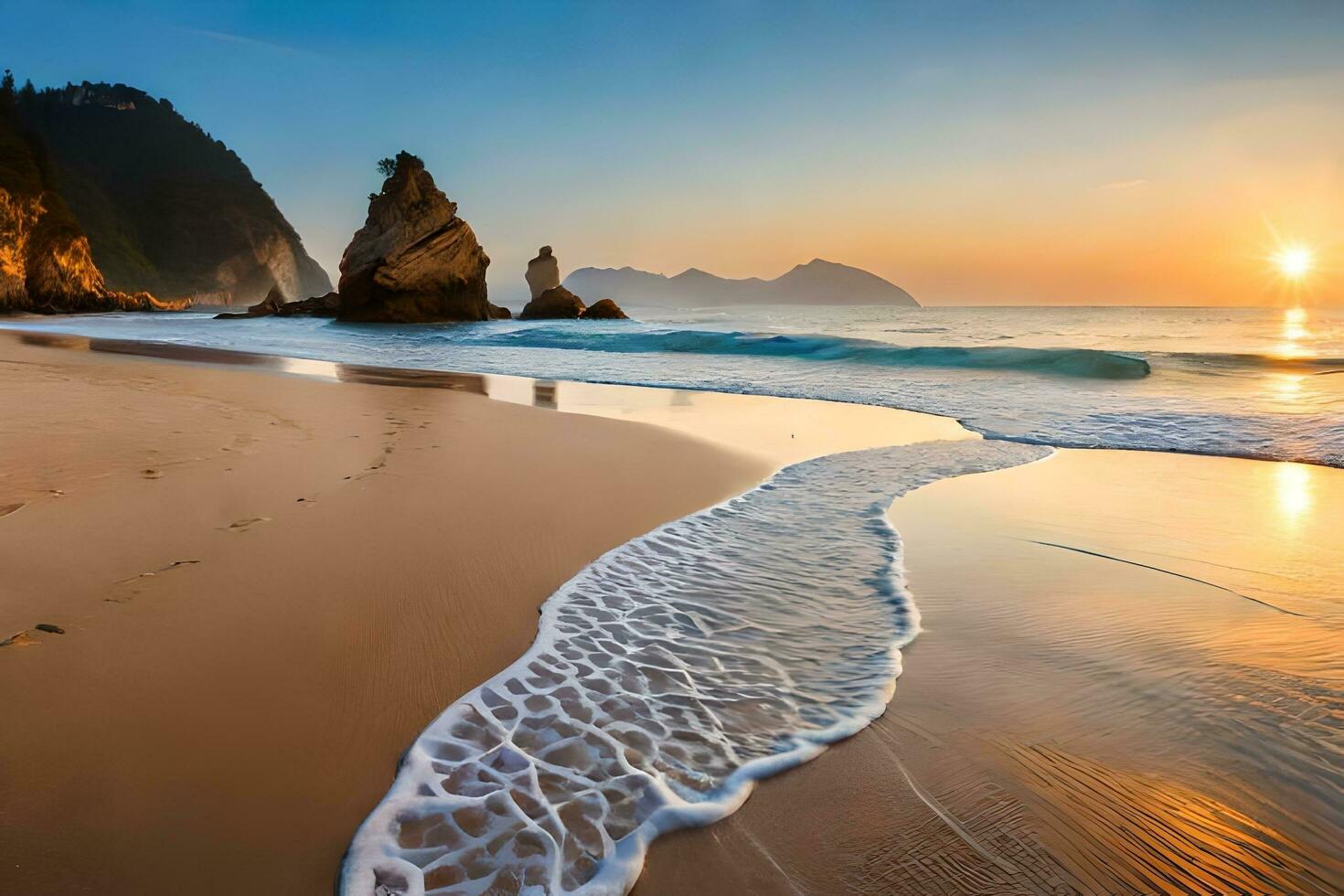 Sonnenuntergang auf das Strand mit Wellen und Felsen. KI-generiert foto