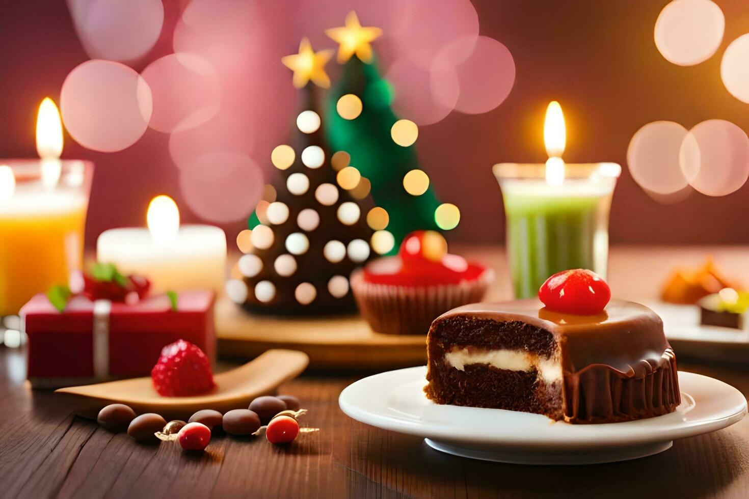 ein Schokolade Kuchen und Kerzen auf ein Tisch. KI-generiert foto