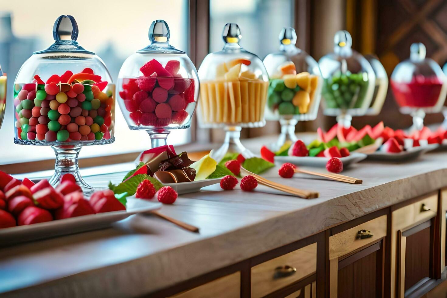 ein Buffet Tabelle mit viele anders Typen von Frucht. KI-generiert foto