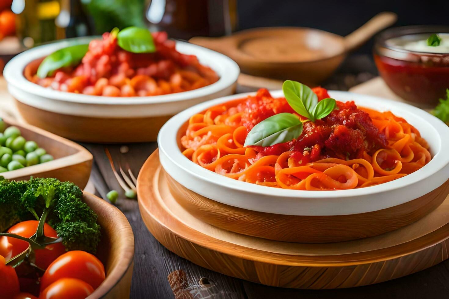 zwei Schalen von Pasta mit Tomate Soße und Gemüse. KI-generiert foto
