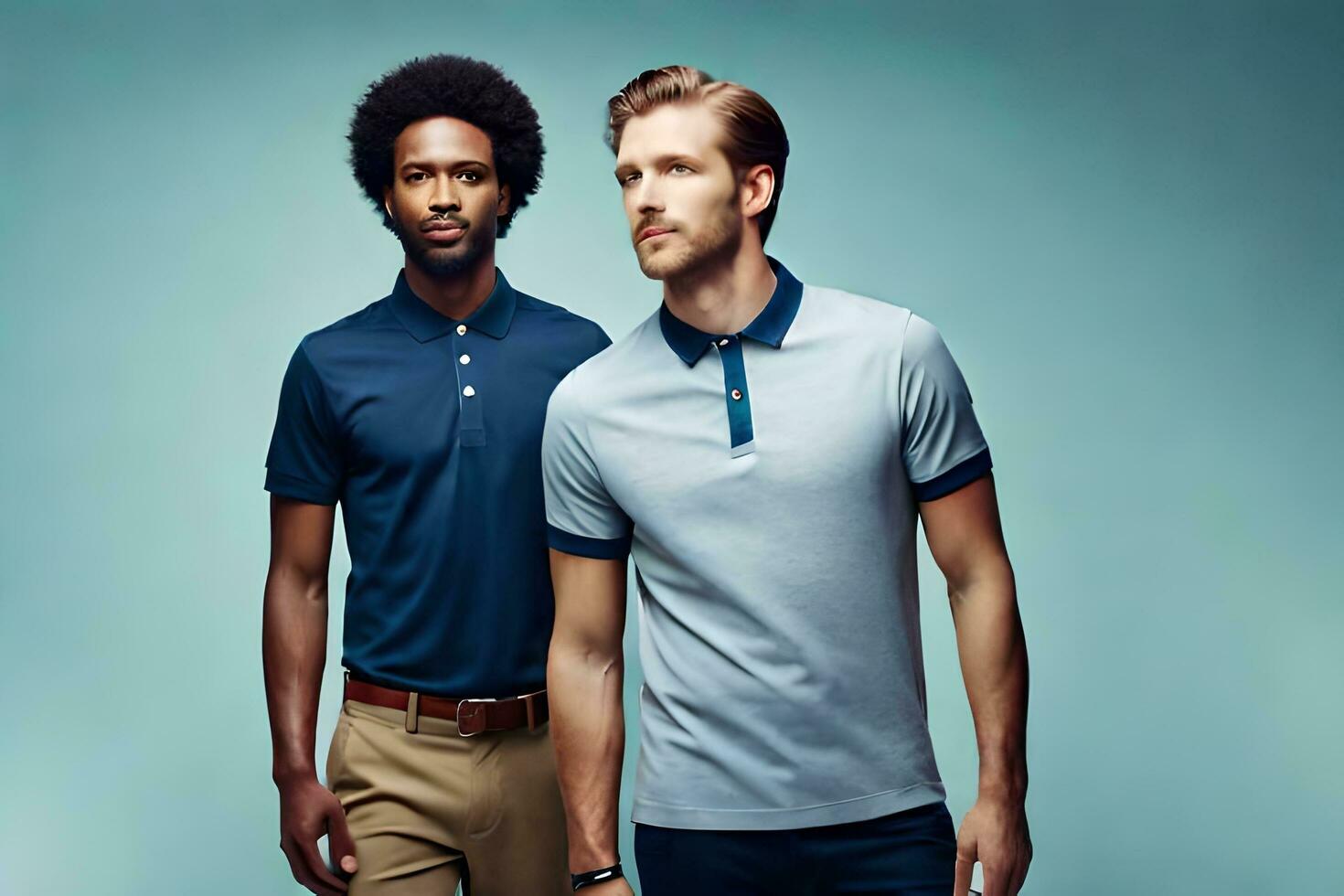 zwei Männer im Polo Hemden Stehen Nächster zu jeder andere. KI-generiert foto