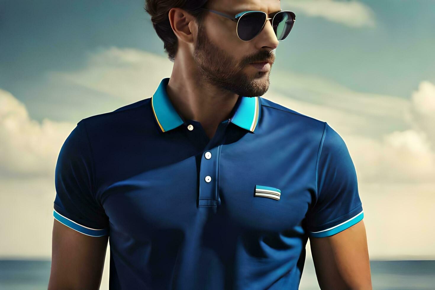 ein Mann im Sonnenbrille und ein Blau Polo Shirt. KI-generiert foto