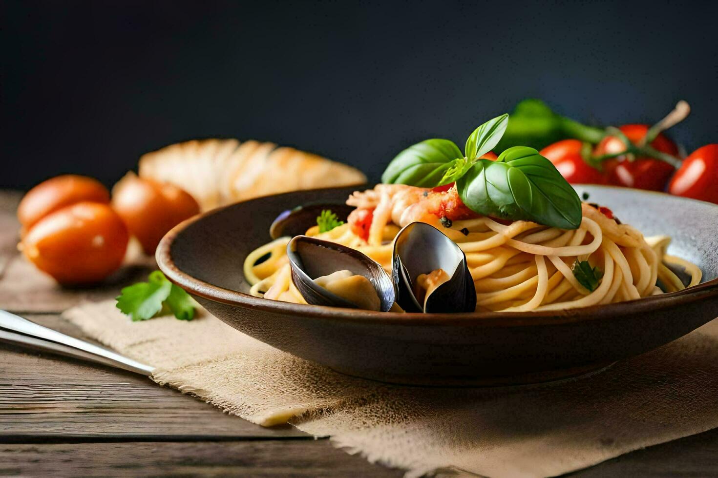 Spaghetti mit Muscheln und Tomaten im ein Schüssel. KI-generiert foto