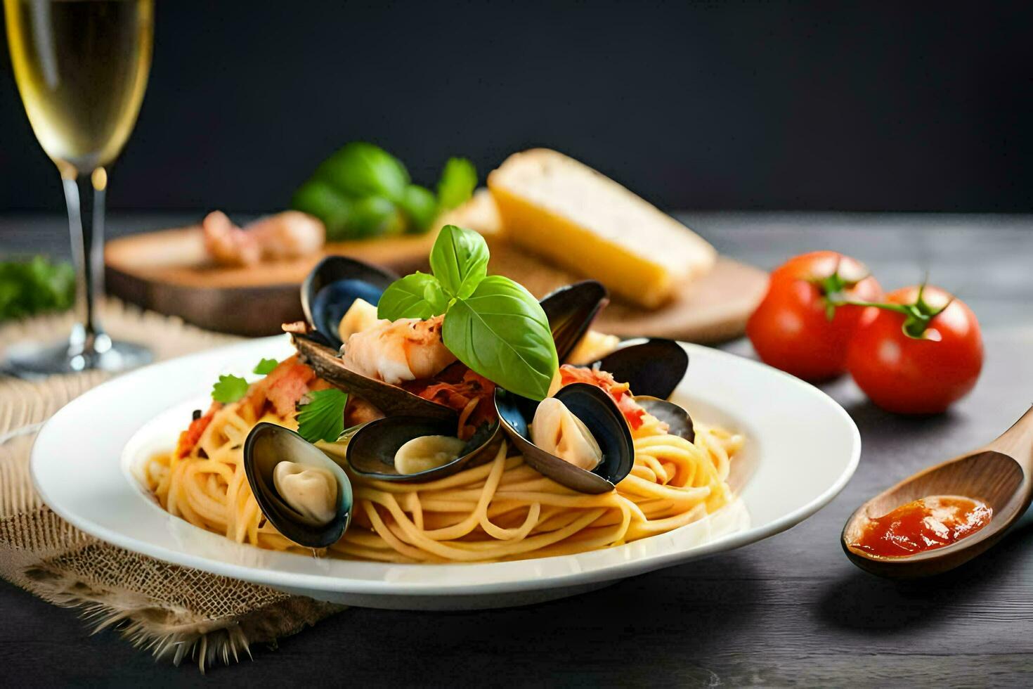 Spaghetti mit Muscheln und Tomaten. KI-generiert foto