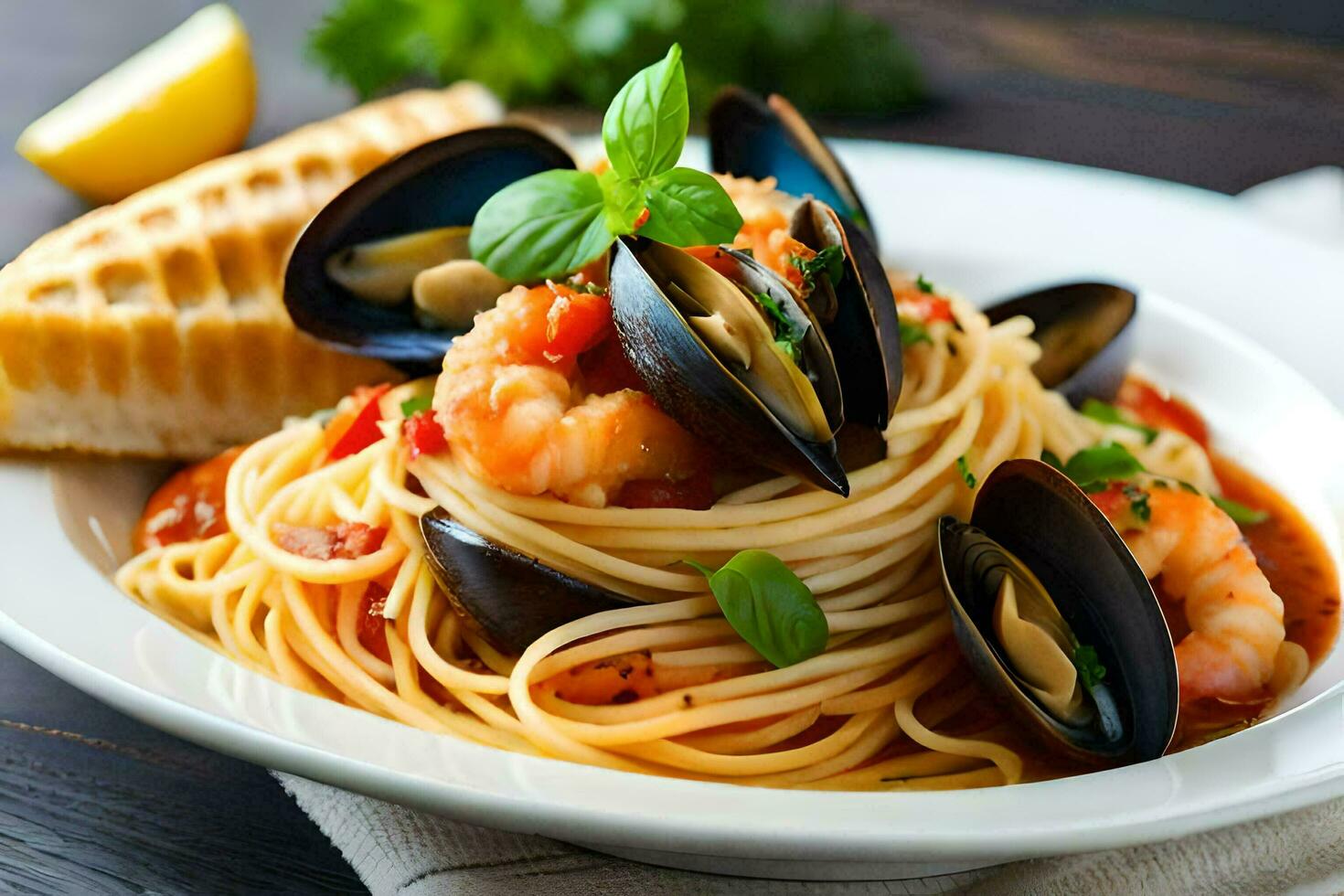 Spaghetti mit Muscheln und Tomaten. KI-generiert foto