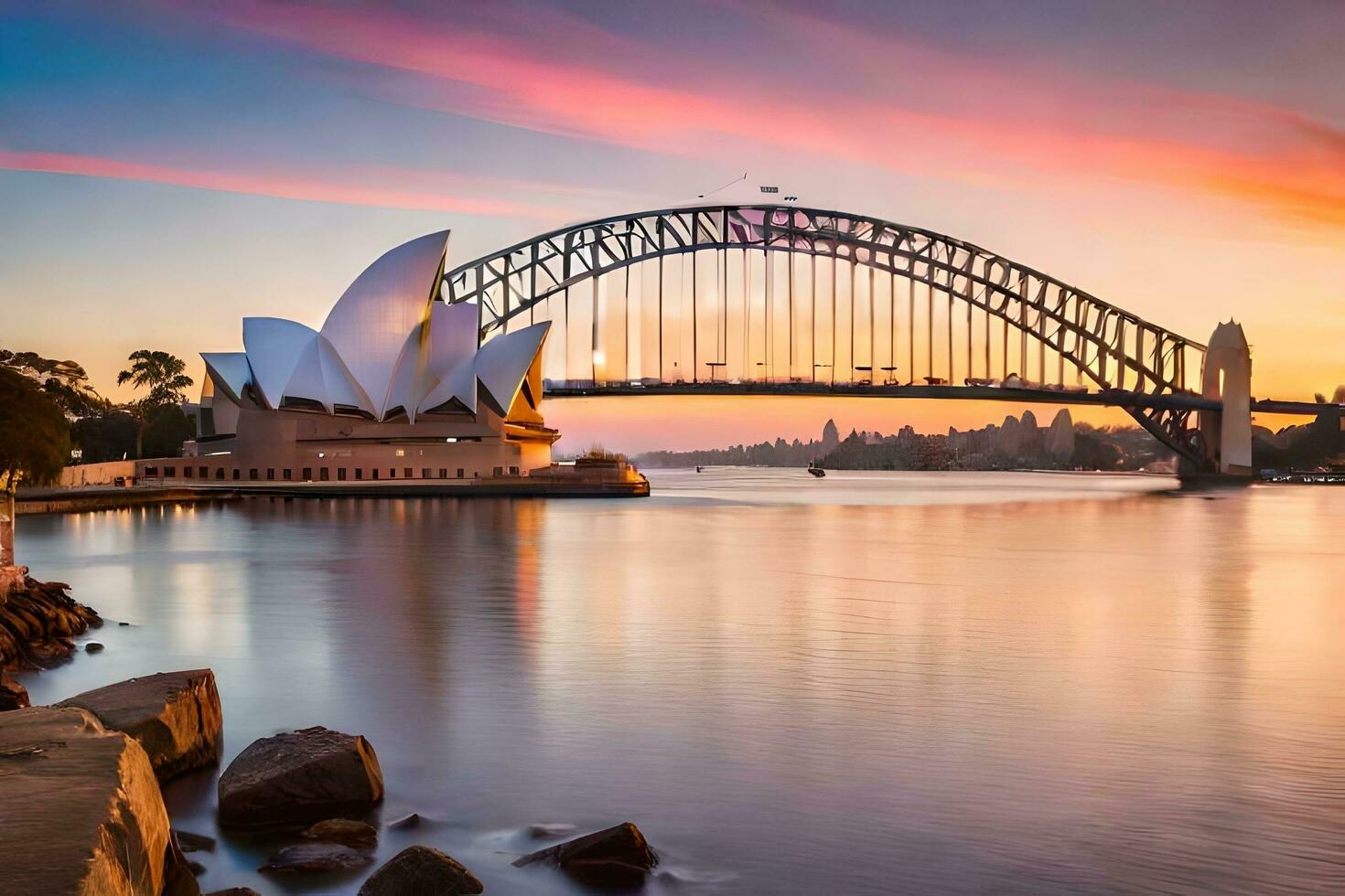 das Sydney Oper Haus und Brücke beim Sonnenuntergang. KI-generiert foto