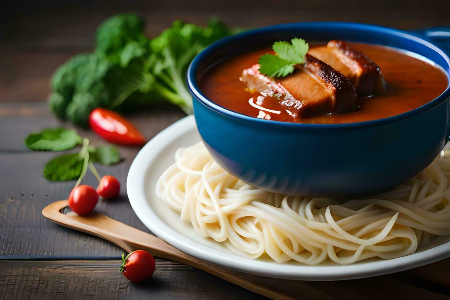 Chinesisch Schweinefleisch und Nudeln Suppe im ein Schüssel auf ein hölzern Tisch. KI-generiert foto