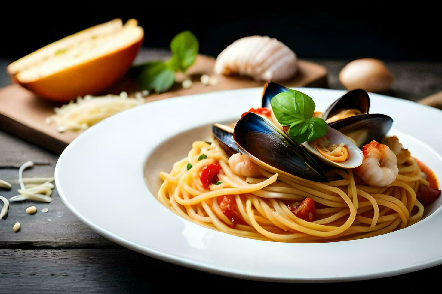 Spaghetti mit Muscheln und Tomaten. KI-generiert foto