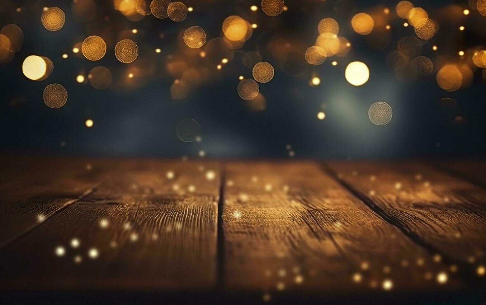 Weihnachten Bokeh Hintergrund, hölzern Hintergrund mit Bokeh, funkeln Sterne, rustikal Holz, und Hintergrund zum Produkt Präsentation. ai generativ foto