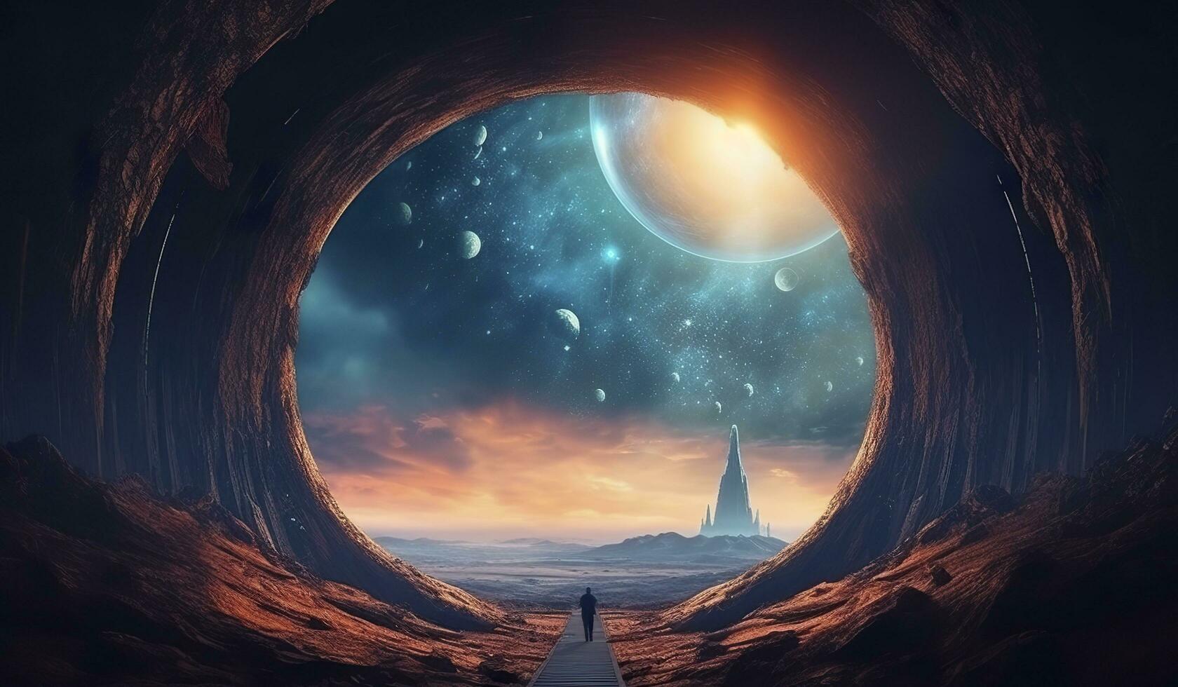 Portal zu Ein weiterer Welt. futuristisch kosmisch Landschaft mit Kreis Tunnel im sternenklar Himmel. Tor im Raum futuristisch Hintergrund mit Galaxis und Nebel. erstellt mit generativ ai foto