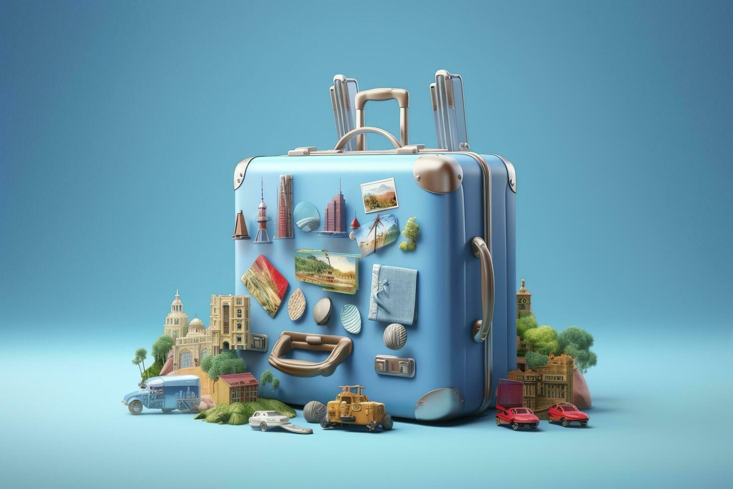 Blau Koffer voll von Sehenswürdigkeiten und Reise Zubehör auf Blau Hintergrund. generativ ai foto